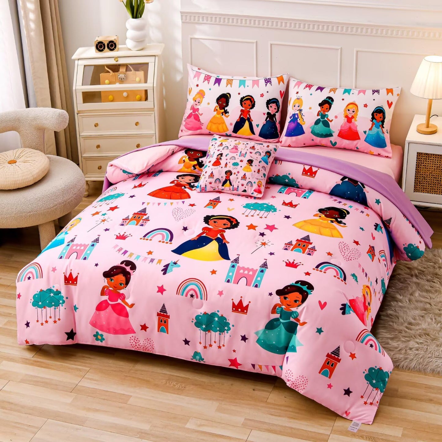 GRAT TIOC 6 Pieces Pink Princess Comforter Set for Girls Twin,Bed in A Bag Princess Bedding Set for Girl Kids (1 Comforter,1 Flat Sheet,1 Fitted Sheet,2 Pillowcases and 1 Cushion Cover)