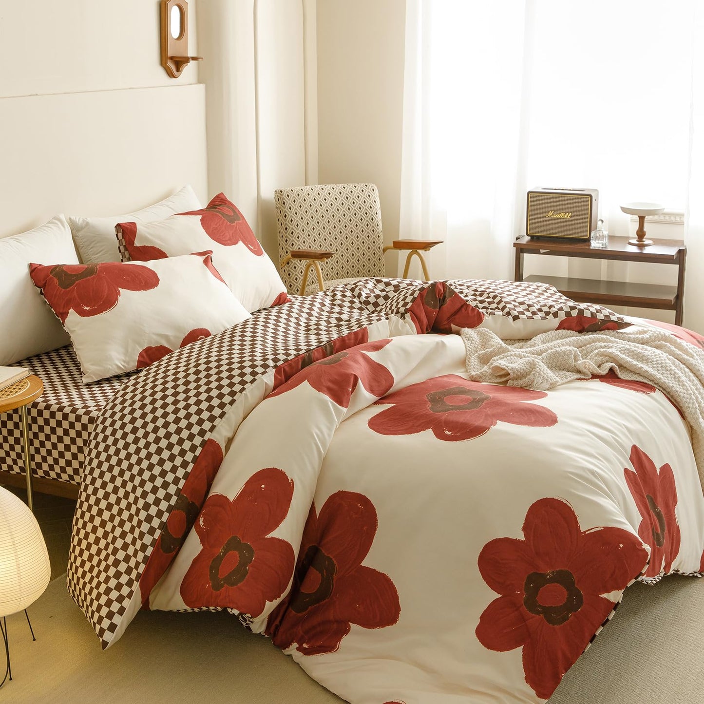 CLOTHKNOW Rust Sunflower Queen Comforter Set Floral Bedding Comforter Sets Brown Plaid Queen Comforter All Season