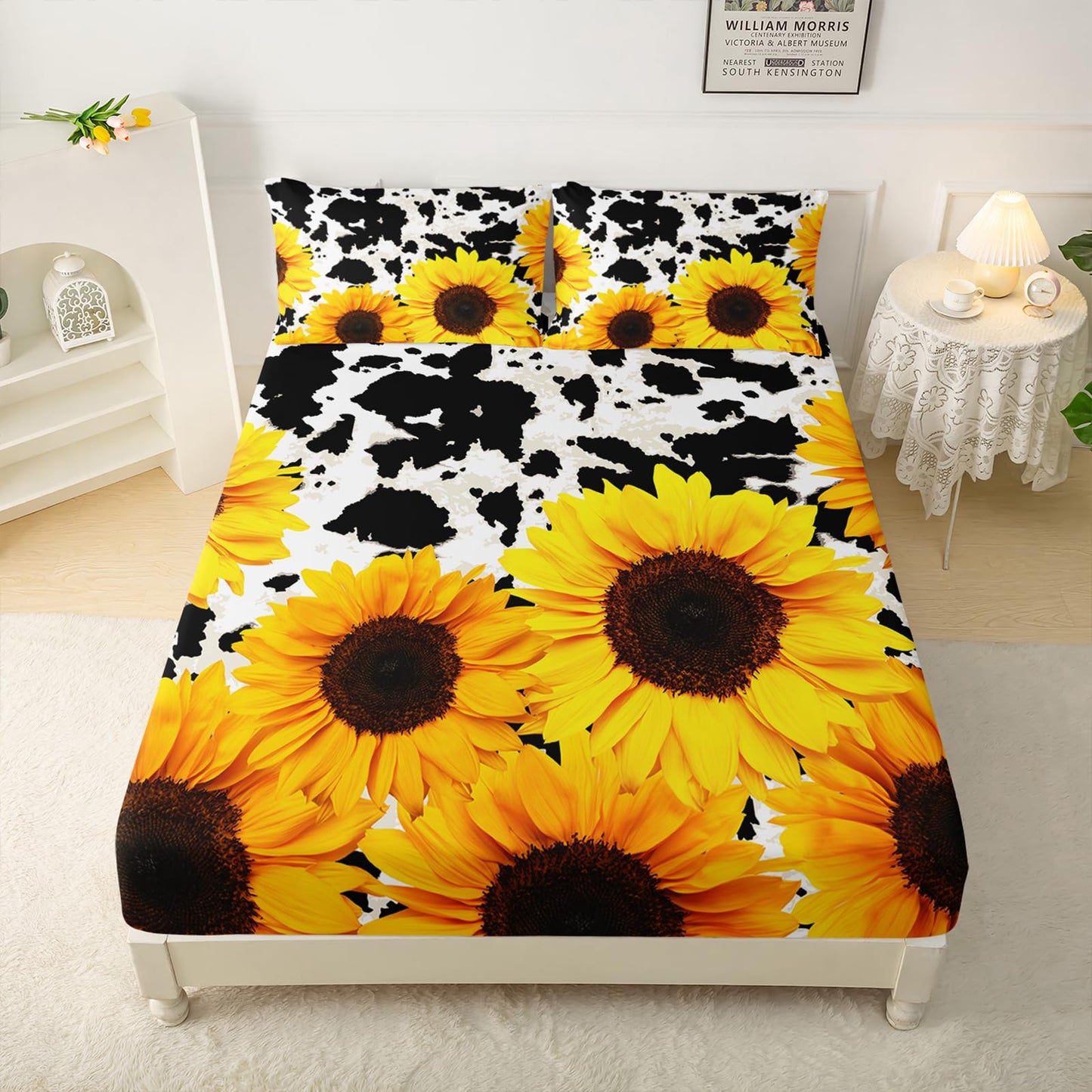 QOOMO Sunflower Sheets Queen Size Cow Print Bedding for Boys and Girls Animal Super Soft Kids Bedding Set Breathable Room Decoration 1 Fitted Sheet, 1 Flat Sheet, 2 Pillow Cases