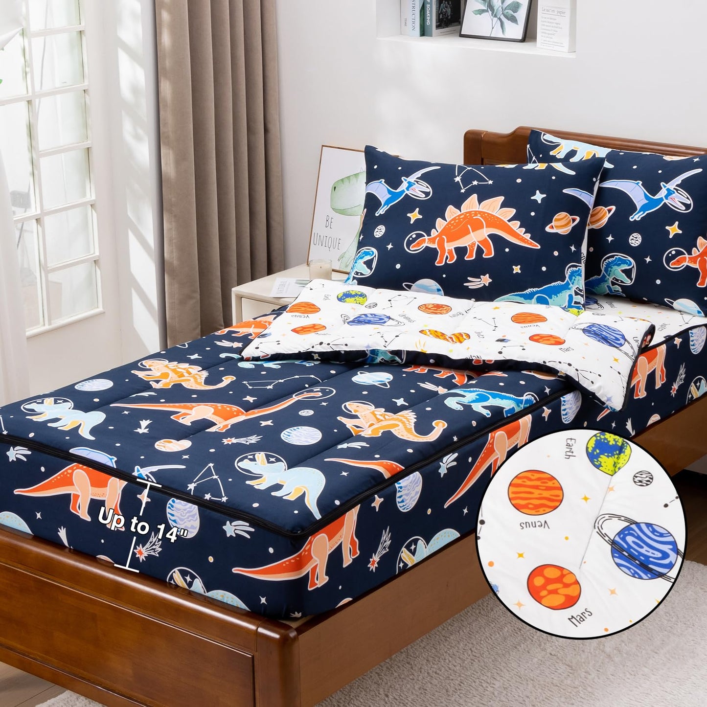 Meeting Story 3pcs Zipper Bedding Twin Kids Space Dinosaur Glow in the Dark Comforter Set for Boys(Navy,Twin)