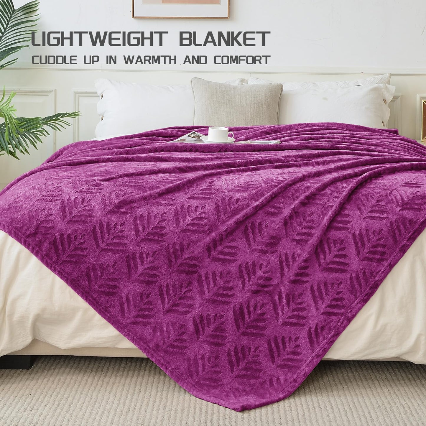 Exclusivo Mezcla King Size Fleece Blanket for Bed, Super Soft and Cozy Blankets All Season Use, Leaves Pattern, Plush Fuzzy Lightweight, Purple, 90x104 Inch