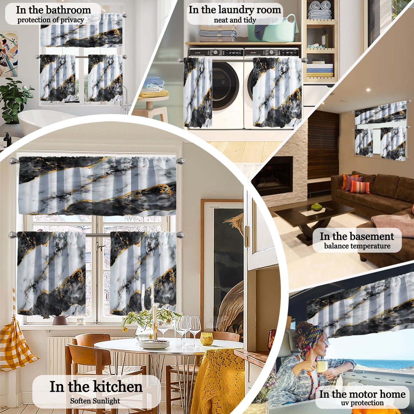 Modern Kitchen Tier Curtains and Valance Set, 3 Piece Semi Sheer Window Curtains, 2 Tier Panels 52W x 24L + Valance 52W x 18L, Light Filtering Rod Pocket Curtains for Kitchen, Bathroom (Black Marble )