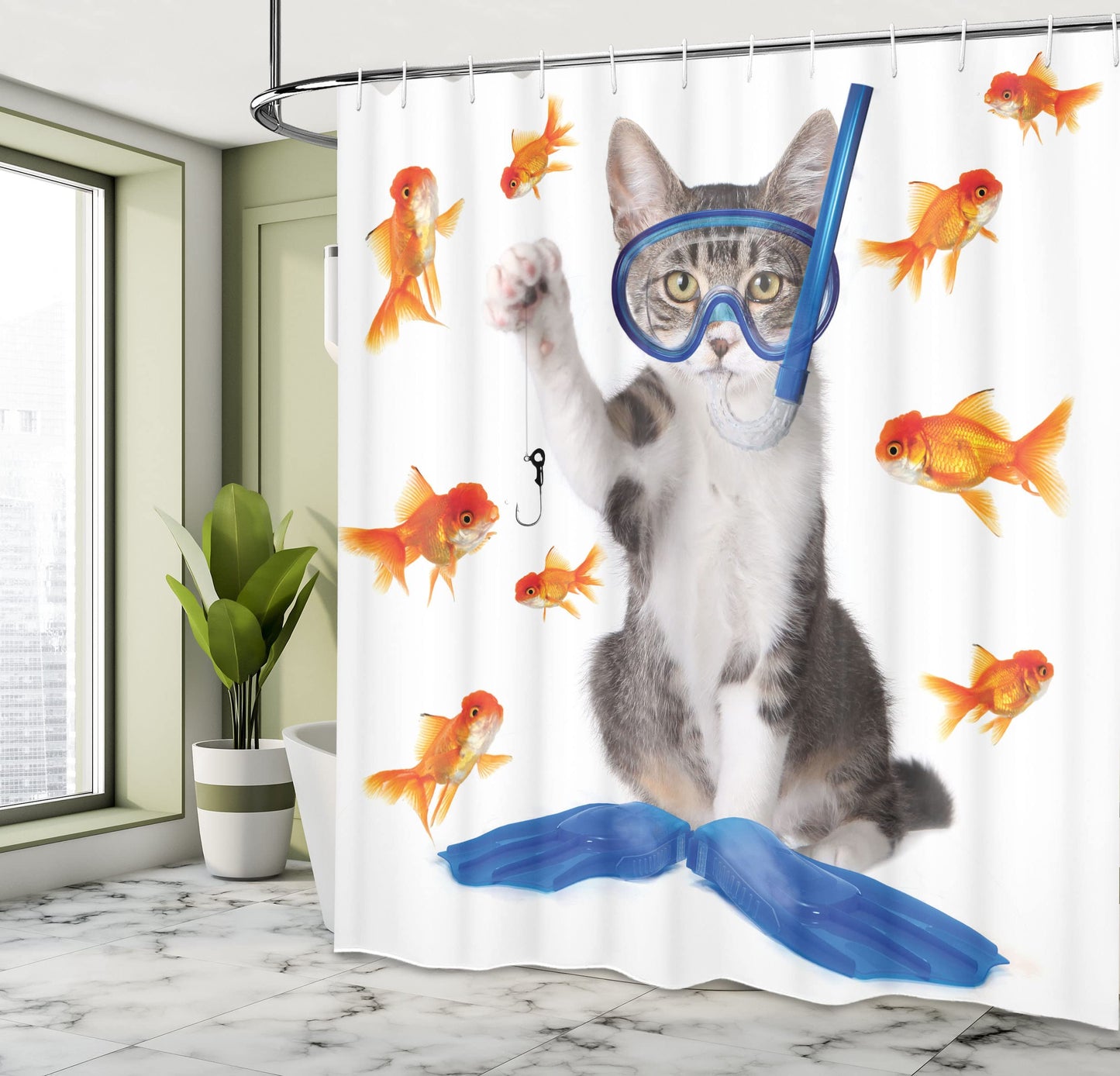Ambesonne Cat Shower Curtain, Modern Spin on The Term Fishing Curiosity Goldfish Hunting Humorous Art, Cloth Fabric Bathroom Decor Set with Hooks, 69" W x 70" L, Blue Orange