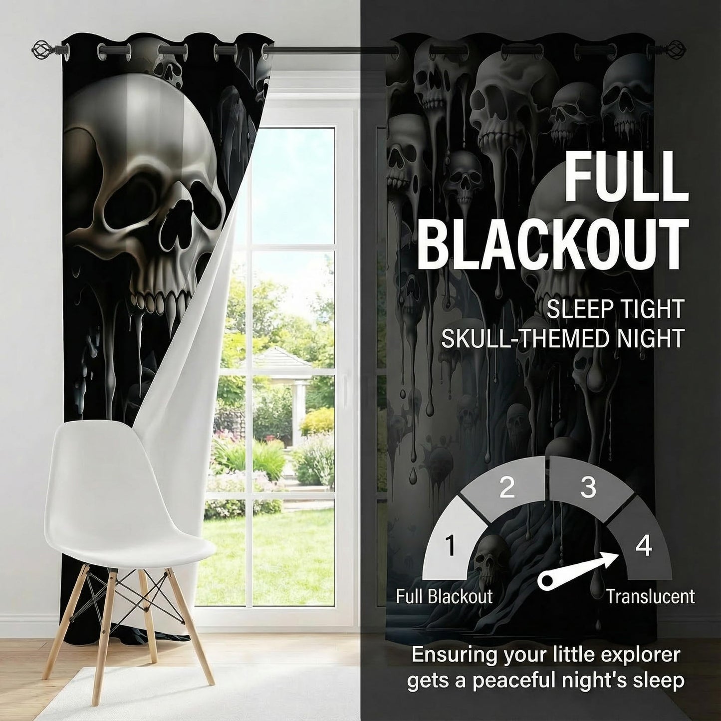 ONINUO Horror Skull Blackout Curtains for Girls Boy Home Decor, Day of The Dead Spooky Halloween Grommet Thermal Insulated Drapes Darkening Window Curtain for Bedroom Living Room, 42 x 45 Inch
