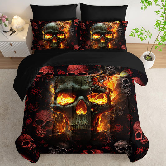 AILONEN 7-Piece Fire Skull Comforter Sets Queen Size,3D Skeleton Bedding Set for Kids Boys Teens,Fiery Style Black Tint Comforter & Fitted Sheet with Flat Sheet & 2 Pillowcases,2 Pillow Shams