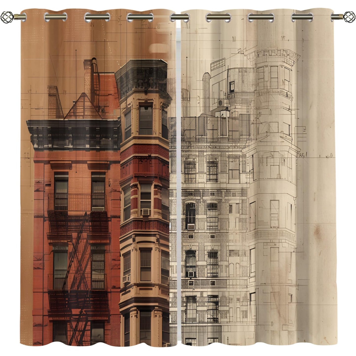 XAFIAUR Retro Architecture Curtains,City Blackout Curtains Artistic Illustration Grommet Drapes 2 Panels for Bedroom Living Room 31.5" W x 63" L x2