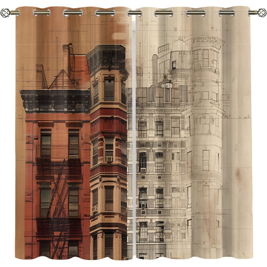 XAFIAUR Retro Architecture Curtains,City Blackout Curtains Artistic Illustration Grommet Drapes 2 Panels for Bedroom Living Room 31.5" W x 63" L x2