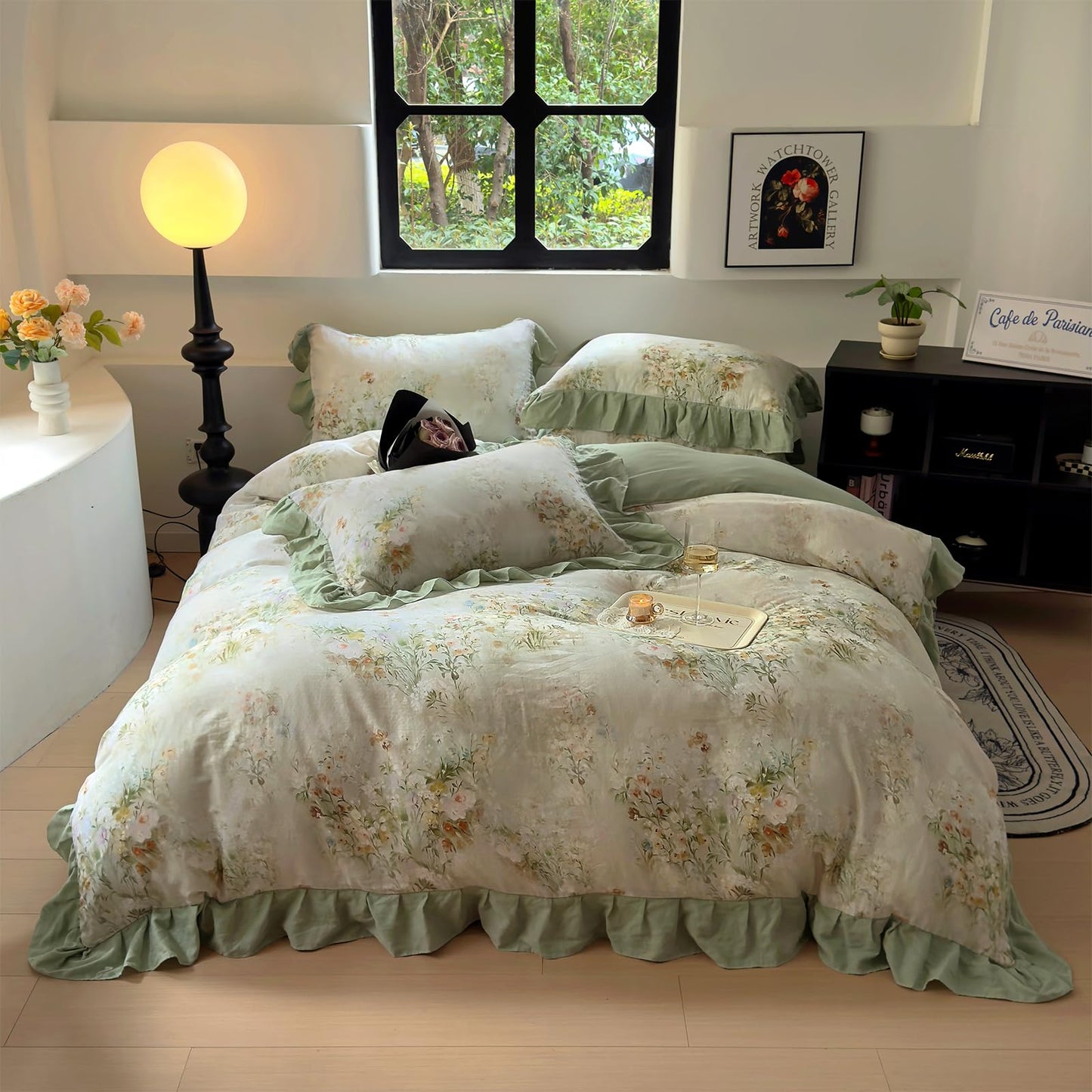 VM VOUGEMARKET Flower Duvet Cover Set, Sage Green Ruffled, Queen 90x90
