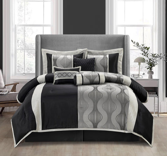 Stratford Park Elegant Black and Silver Comforter Set Queen Size, 7 Pieces Bedding & Collection, Jacquard All Season Comforter & Pillows, Ultra-Soft Microfiber