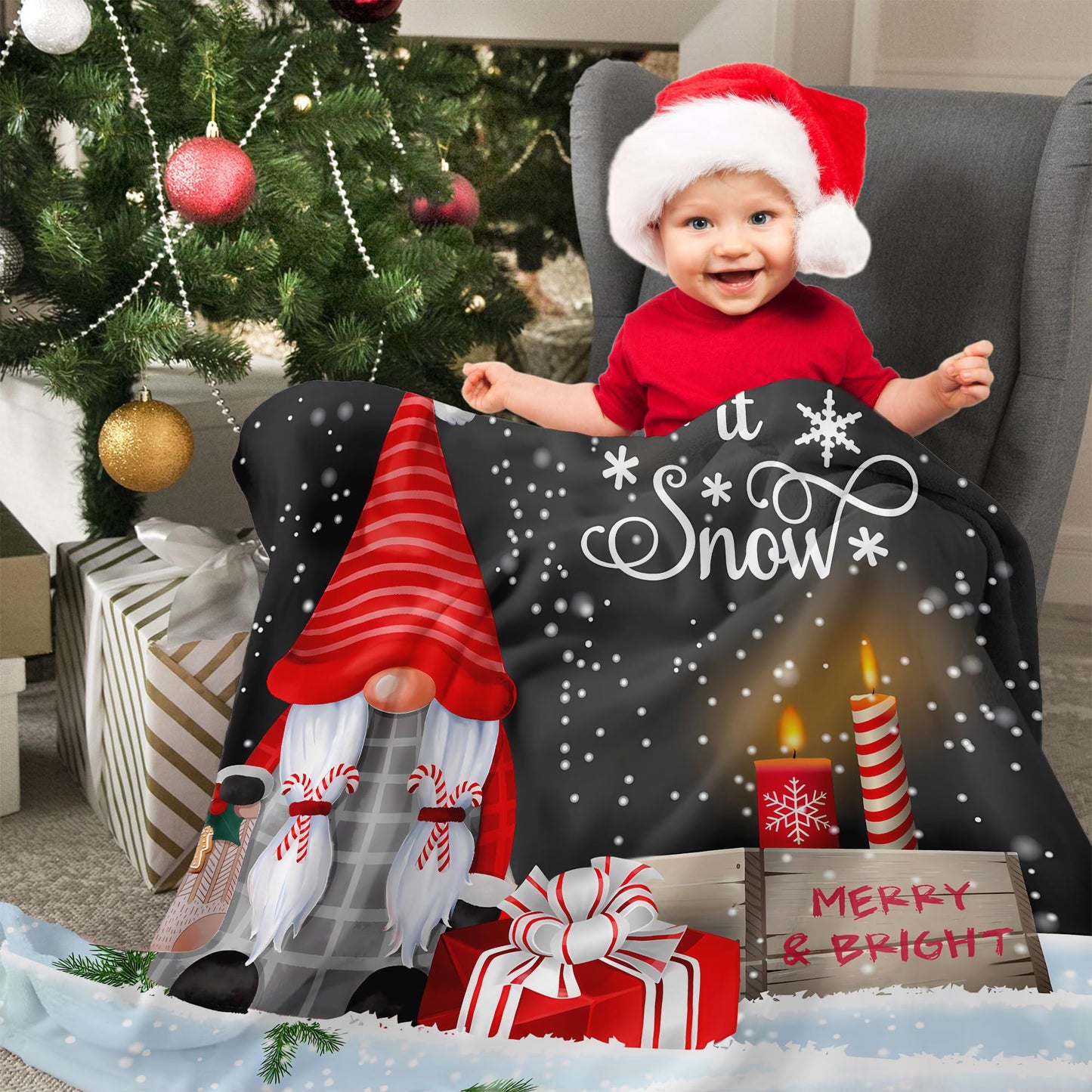 Christmas Gnome Throw Blanket, Merry Christmas Gnome Xmas Gifts Winter Snowflakess Flannel Blanket, Living Room/Bedroom/Sofa Couch Warm Soft Bed Blanket for Adults All Season 50X60 Inches