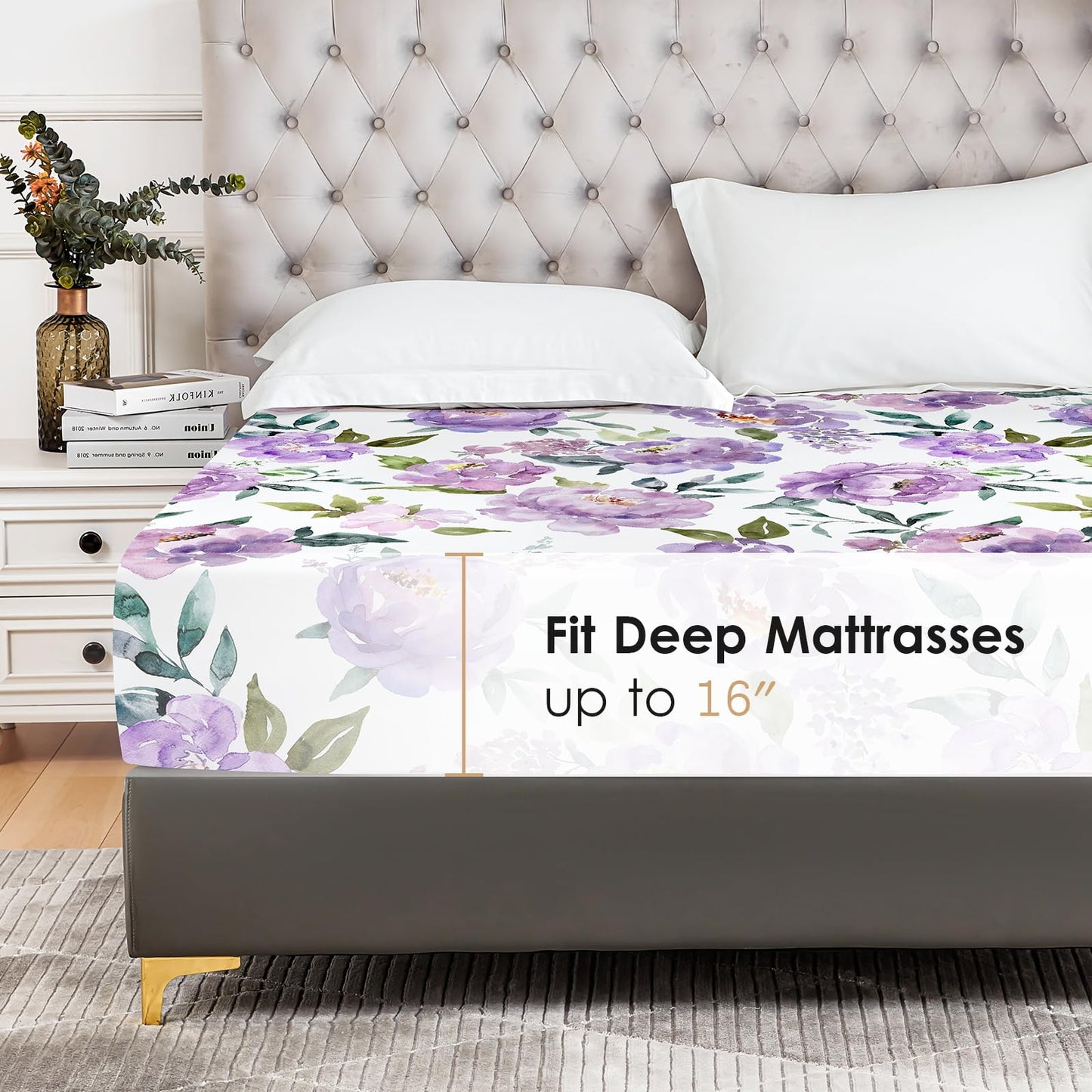 YIYEA Floral Fitted Sheet Only, Premium Double Brushed Microfiber Deep Pocket Fitted Sheet Queen Size, Ultra Soft Fitted Bottom Sheet, Shrinkage, Fade Resistant, Queen