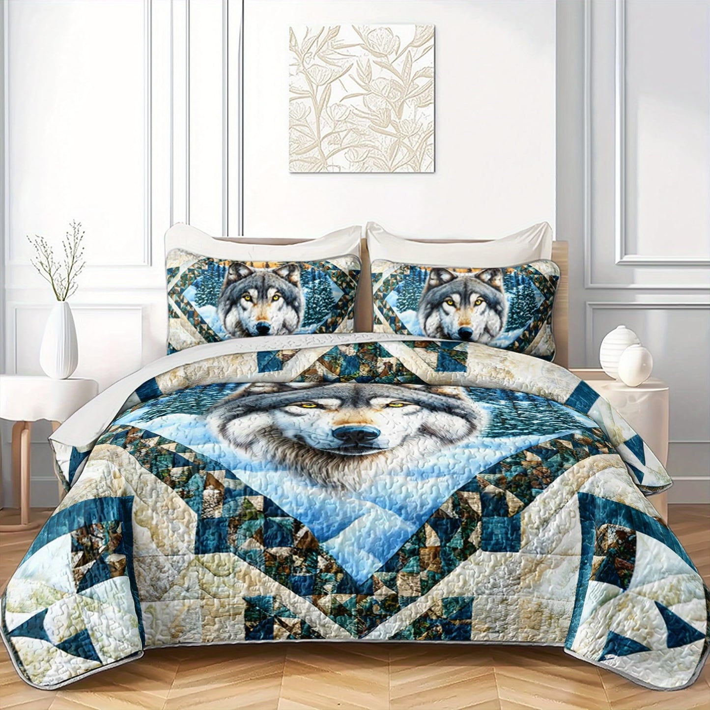 Tuzaovy Wolf Animal Quilt Bedding Set Queen Size for Kid Teen,Wolf Bedspread Sets Bedding Cozy Winter Bedroom Decor,Geometric Animal Print Bed Cover Queen for Boys Girls Bedroom Decor