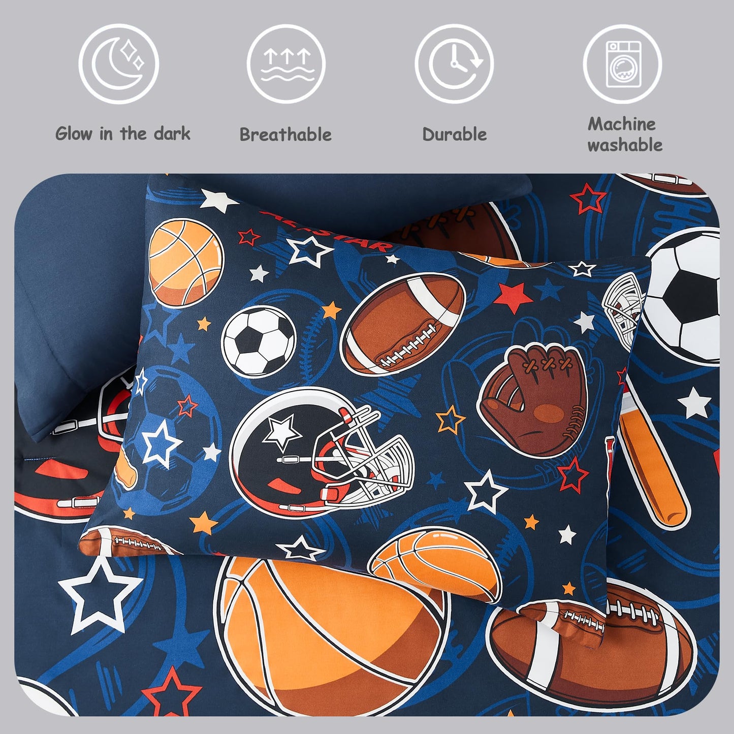 Kaleido Space Twin Kids Comforter Set - 5 Pieces Twin Bedding Sets for Boys Teen, Glow in The Dark Sports Ball Games Bed in A Bag with Sheets
