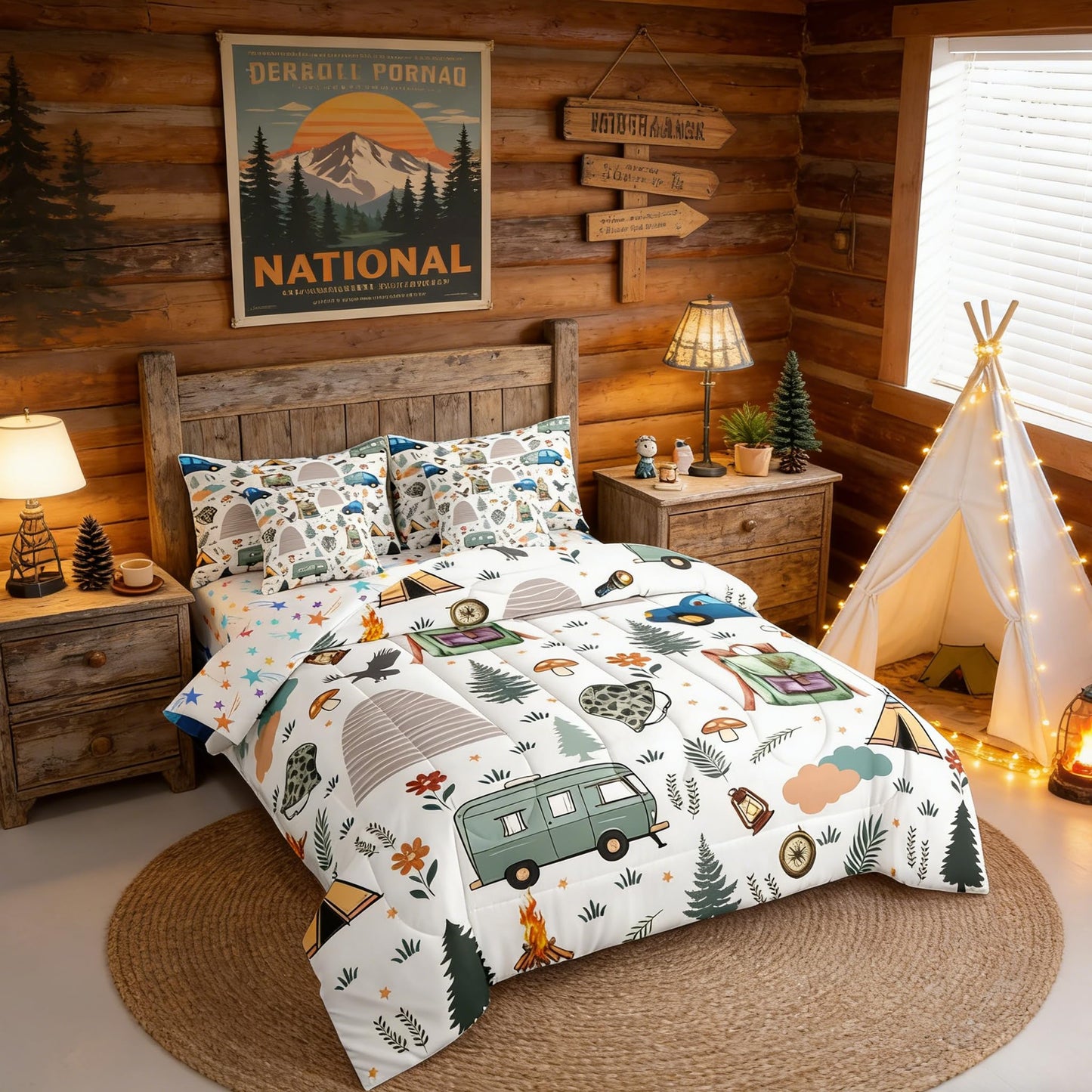 Feelyou Camper Theme Comforter Set With Sheets 7 Piece Twin Size Happy Camping Bedding Set for Kids Boys Girls Car Rv Accessories Bed in a Bag Mountain Adventure Room Decor Soft Lightweight Microfiber