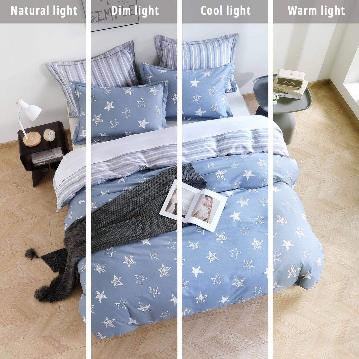 LEMIROE Blue Cotton Comforter King Size 3Pcs - White Doodle Style Stars on Denim Blue Front, Gray Stripes on Back, Reversible Lightweight Bedding Sets with Soft Fill(King, 104"×90")