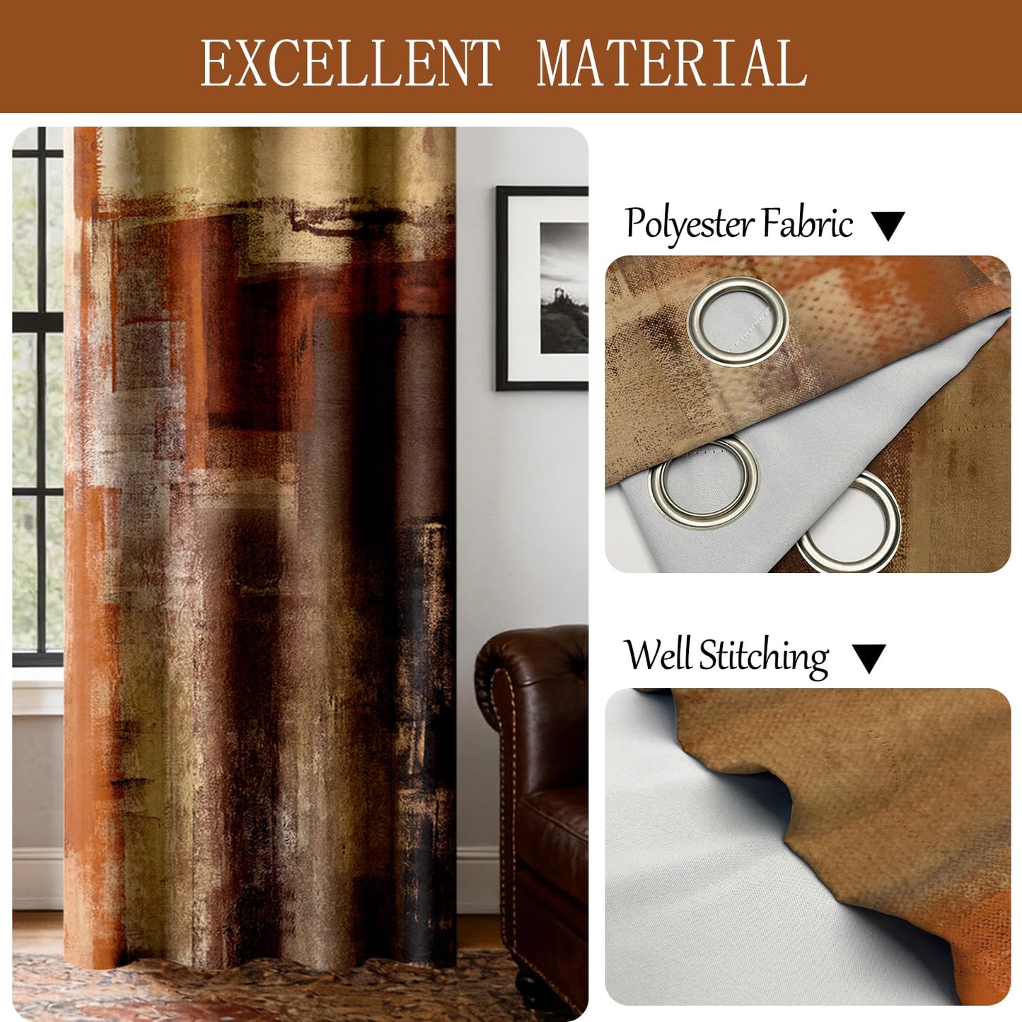 JAZEAOI Burnt Orange Abstract Blackout Curtains, Modern Art Red Brown Rust Black Out Window Drapes for Bedroom Living Room Grommet Thermal Insulated Room Darkening Home Decor, 2 Panels 52x84 Inches