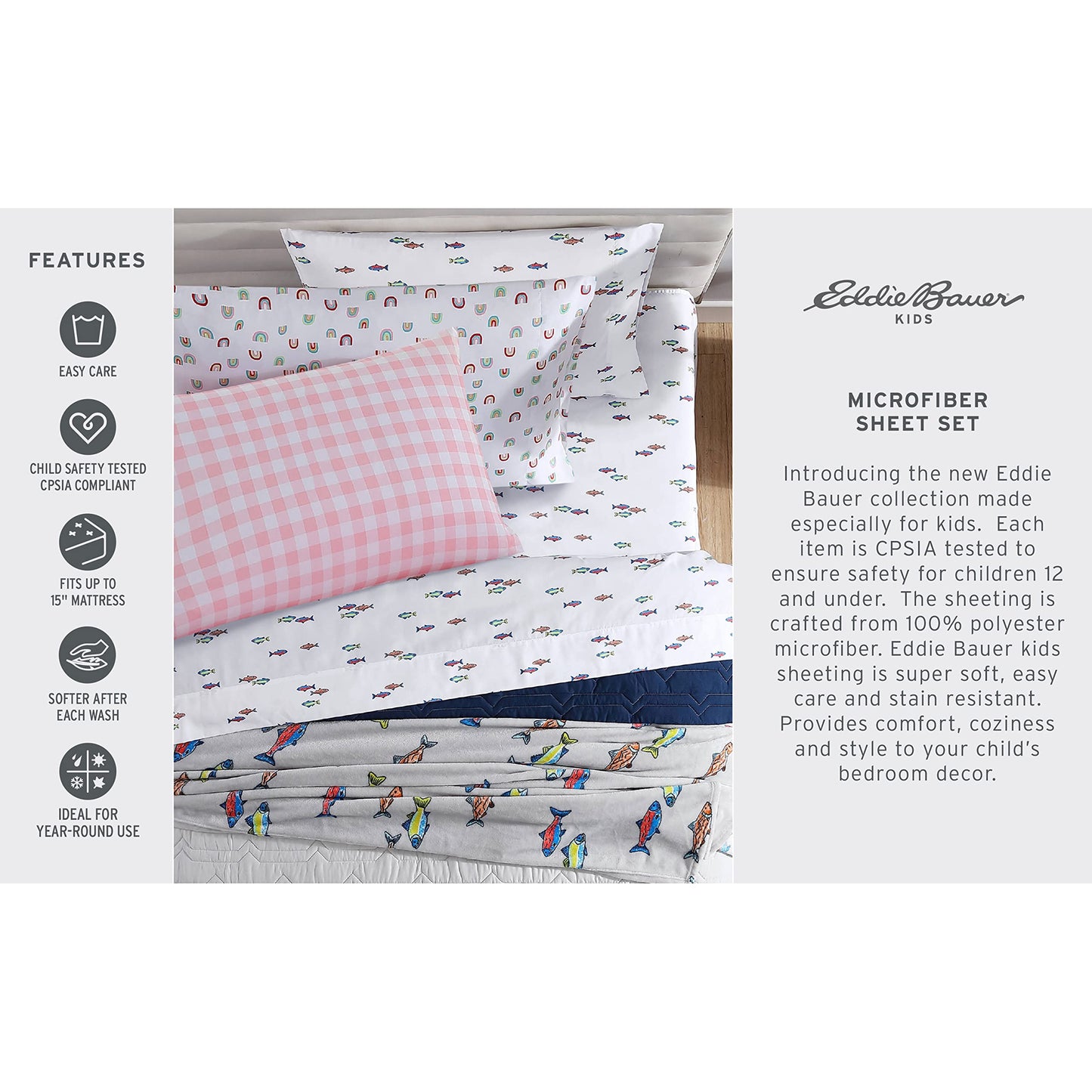 Eddie Bauer Kids - Queen Sheet Set, Ultra-Soft Microfiber Bedding with Fully Elastic Fitted Sheet, Kids Bed Set with Pillowcases, Easy Care Bedding (Sunnyvale Rainbow)
