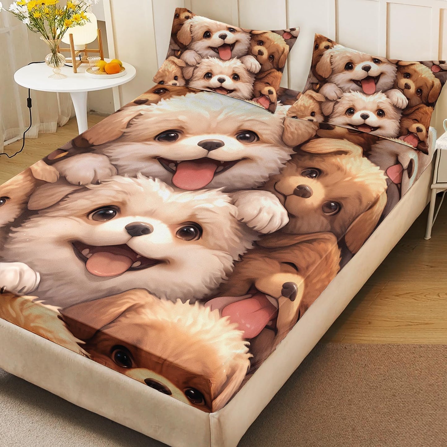 AILONEN Cartoon Cute Puppy Fitted Sheet Set,Dog Animal Design Bedding Set for Kids,Girls,Boys Twin Size,3-Piece,1 Sheet Set + 2 Pillowcases