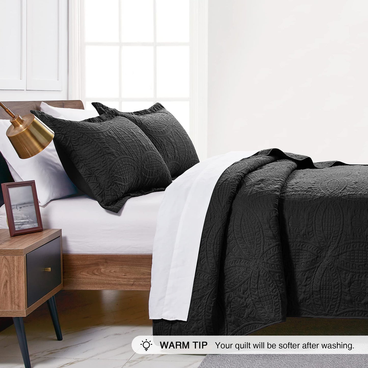 Love's cabin King Size Quilt Set Black Bedspreads - Soft Bed Fall Lightweight Bedspread Comforter - Modern Style Coin Pattern Coverlet for All Season - 3 Pieces (1 Quilt, 2 Pillow Shams)