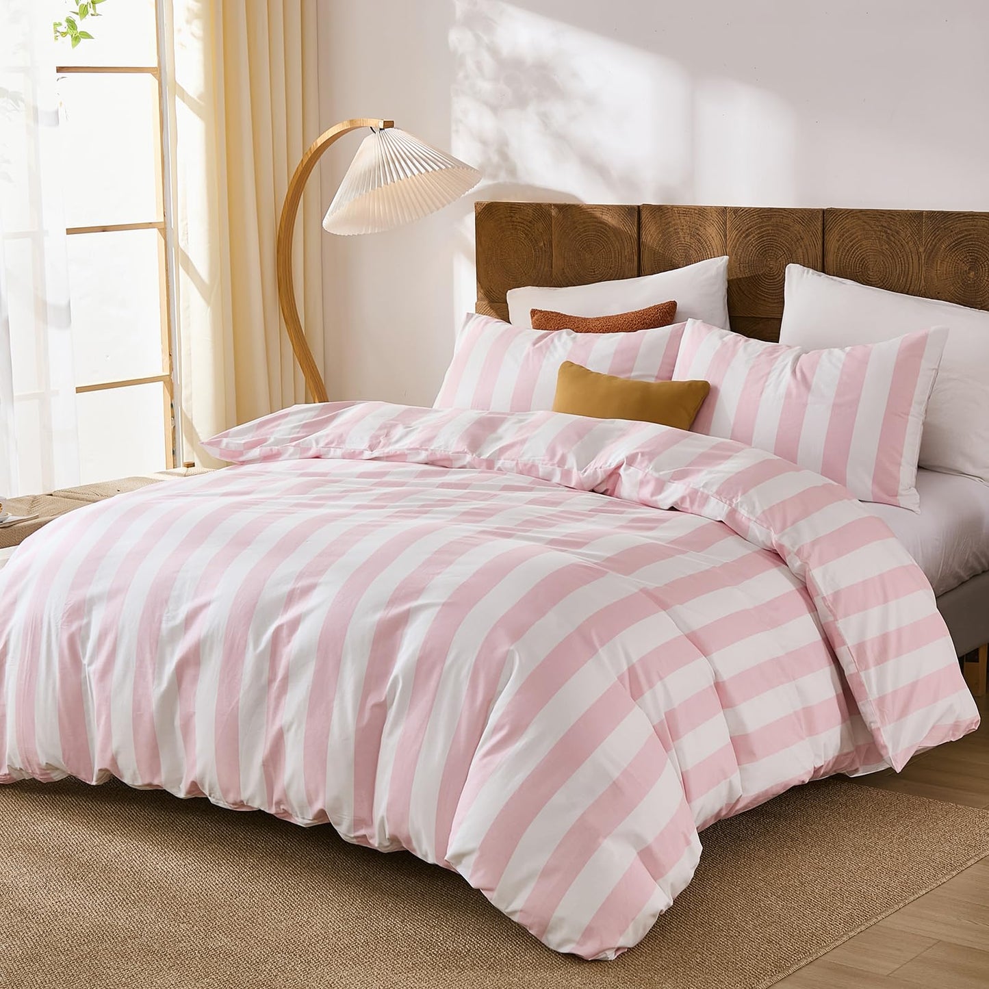 Merryword Pink and White Striped Comforter Set King Size, 100% Cotton Reversible Comforter Set 3 Pcs, Luxury Linen Like Bedding, Soft Breathable Lightweight Comforter for All Seasons