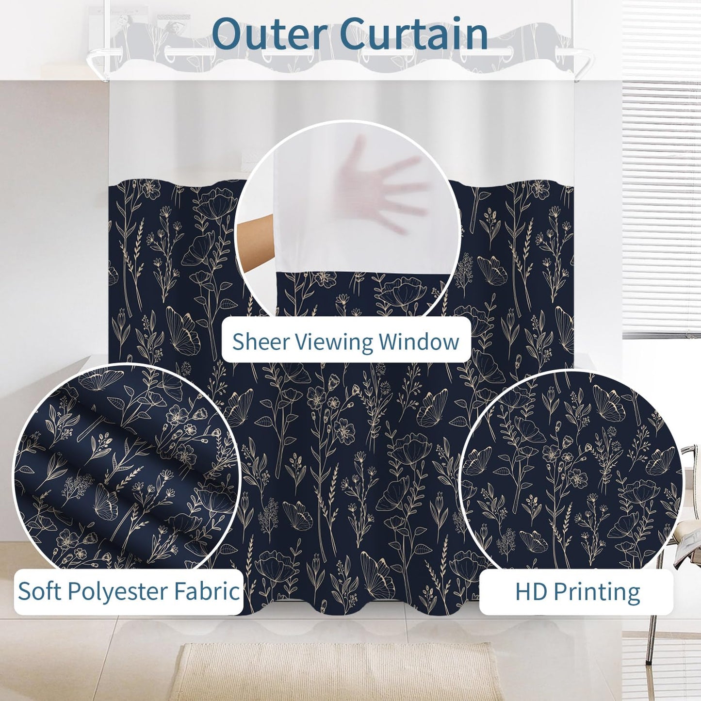 No Hook Shower Curtain with Snap in Liner Set, Dark Boho Navy Gold Forest Botanical Floral Neutral Pretty Waterproof Fabric Shower Curtain for College Dorm Hotel Apartment Bathroom Bathtub, 71x74 Inch