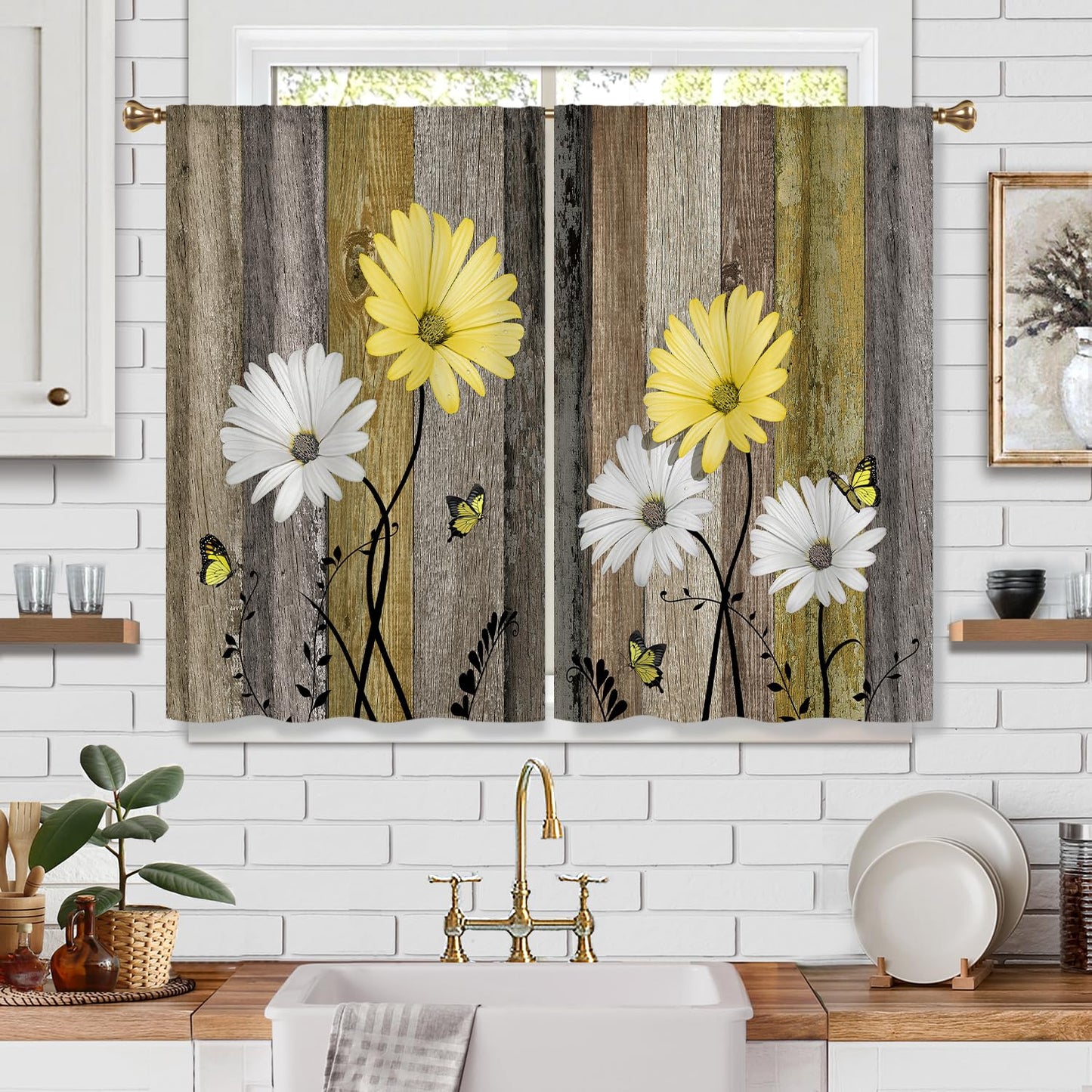 Cizuug Farmhous Yellow Daisy Kitchen Curtains Wooden Flower Small Short Cafe Window Curtains Rustic Floral Butterfly Country Barn Bathroom Drapes Treatment Tier Curtains 2 Panels