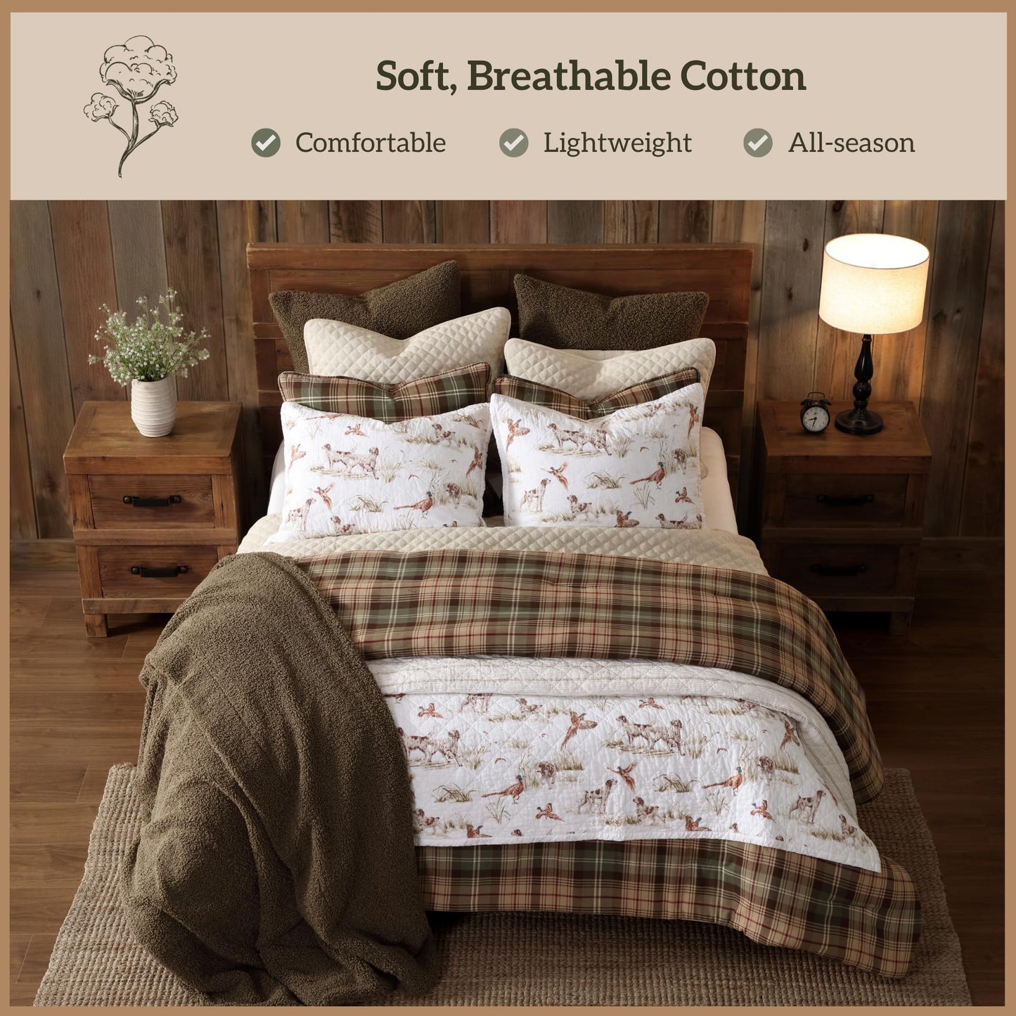 Paseo Road Hunt Life Cotton Quilt Set, 3 Piece Queen Bedding Set with Pillow Shams, White Brown Pheasant Hunting Dog Reversible Quilt Set, Soft Breathable Cozy Lightweight Quilt, Rustic Cabin Bedding