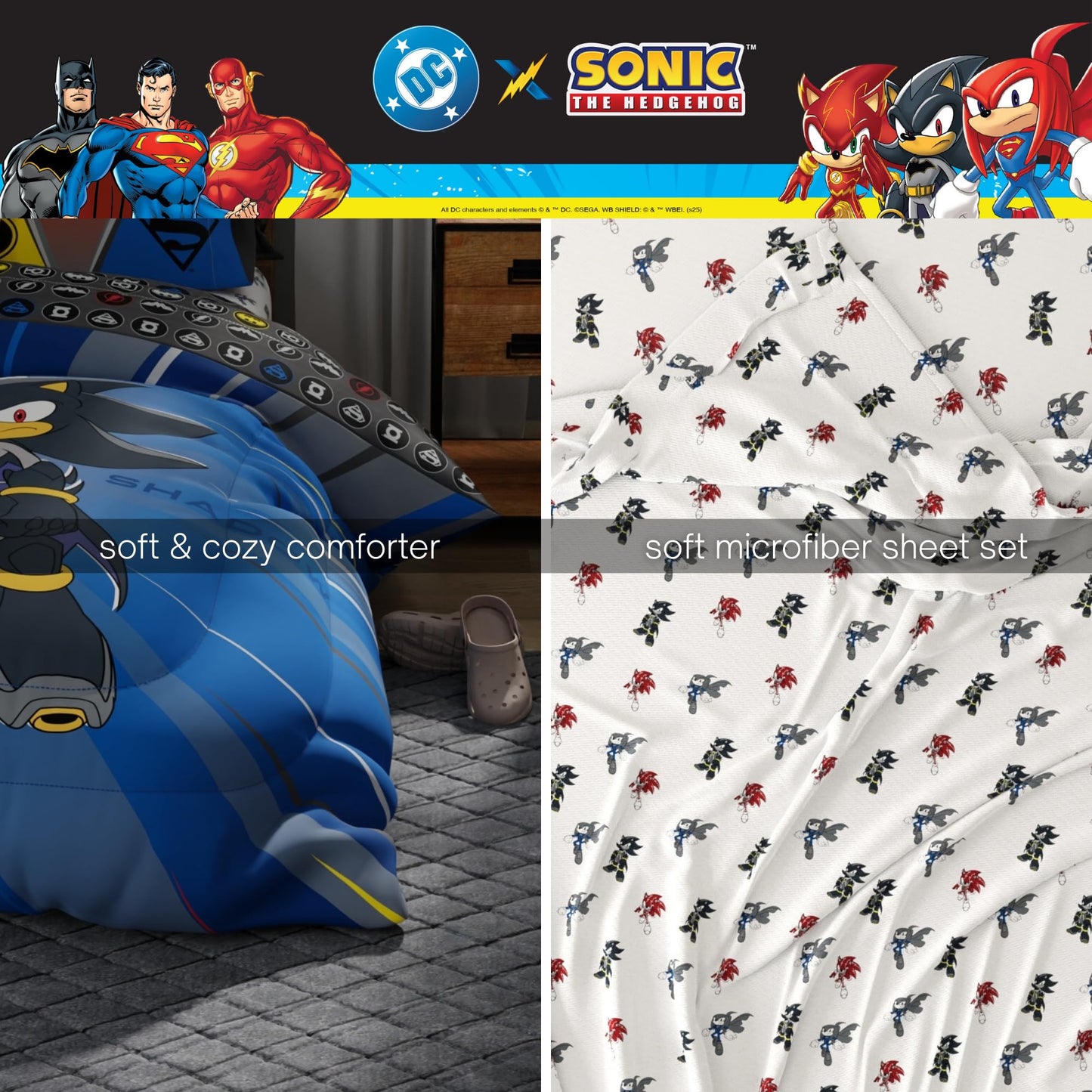 DC x Sonic The Hedgehog Kids Bedding Set, Twin Size, 4-Piece Super Soft Cozy Reversible Comforter & Sheet Set (Officially Licensed Product) by Franco