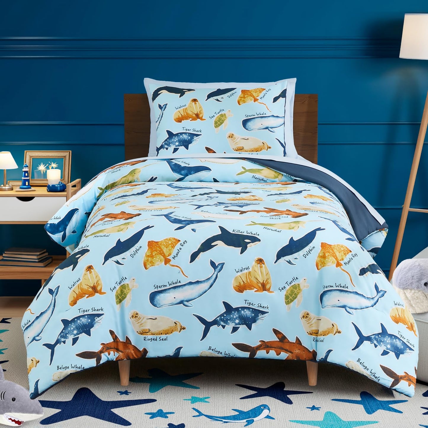 Kaleido Space Twin Comforter Set for Boys Kids - 5 Pieces Glow in The Dark Ocean Animals Twin Bedding Sets for Kids, Ultra Soft Bed in A Bag with Sheets
