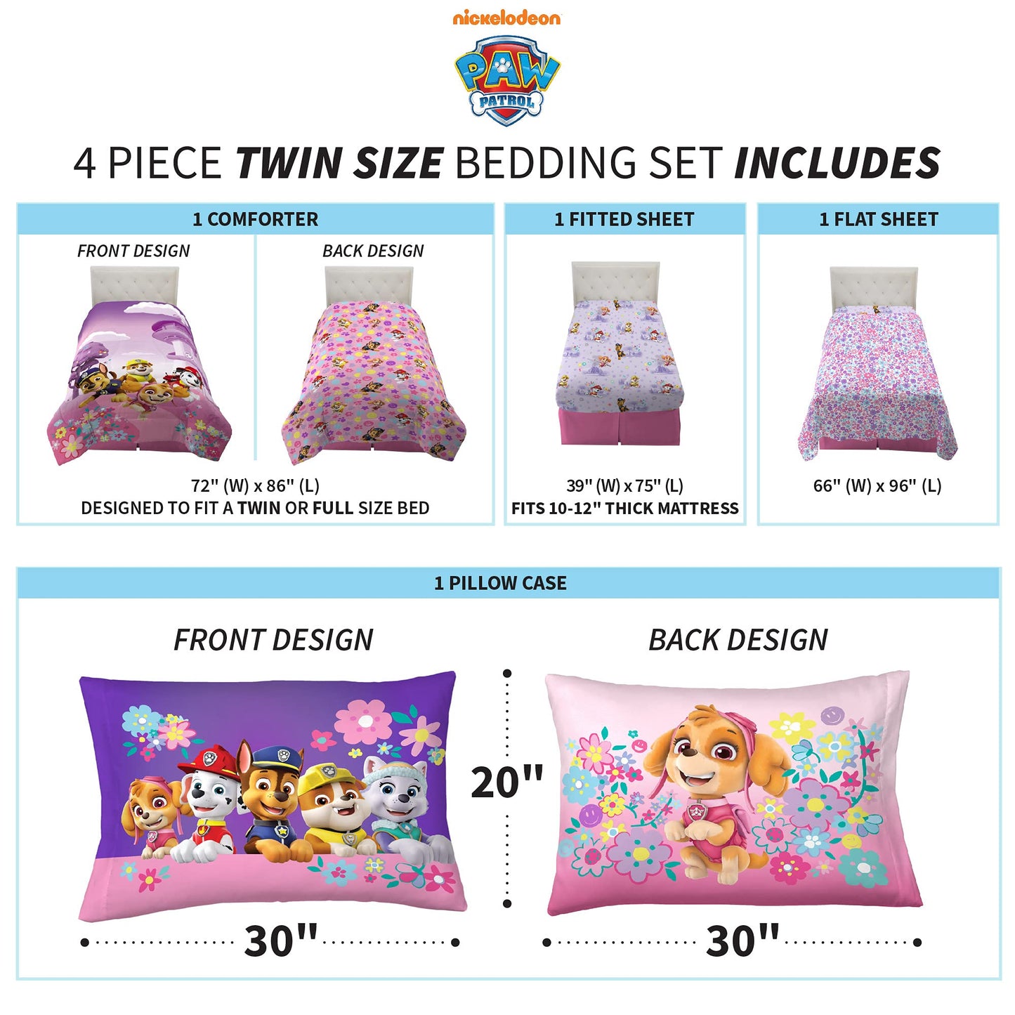 Paw Patrol Girl Kids Bedding Super Soft Comforter and Sheet Set, 5 Piece Full Size, (Officially Licensed Product) by Franco