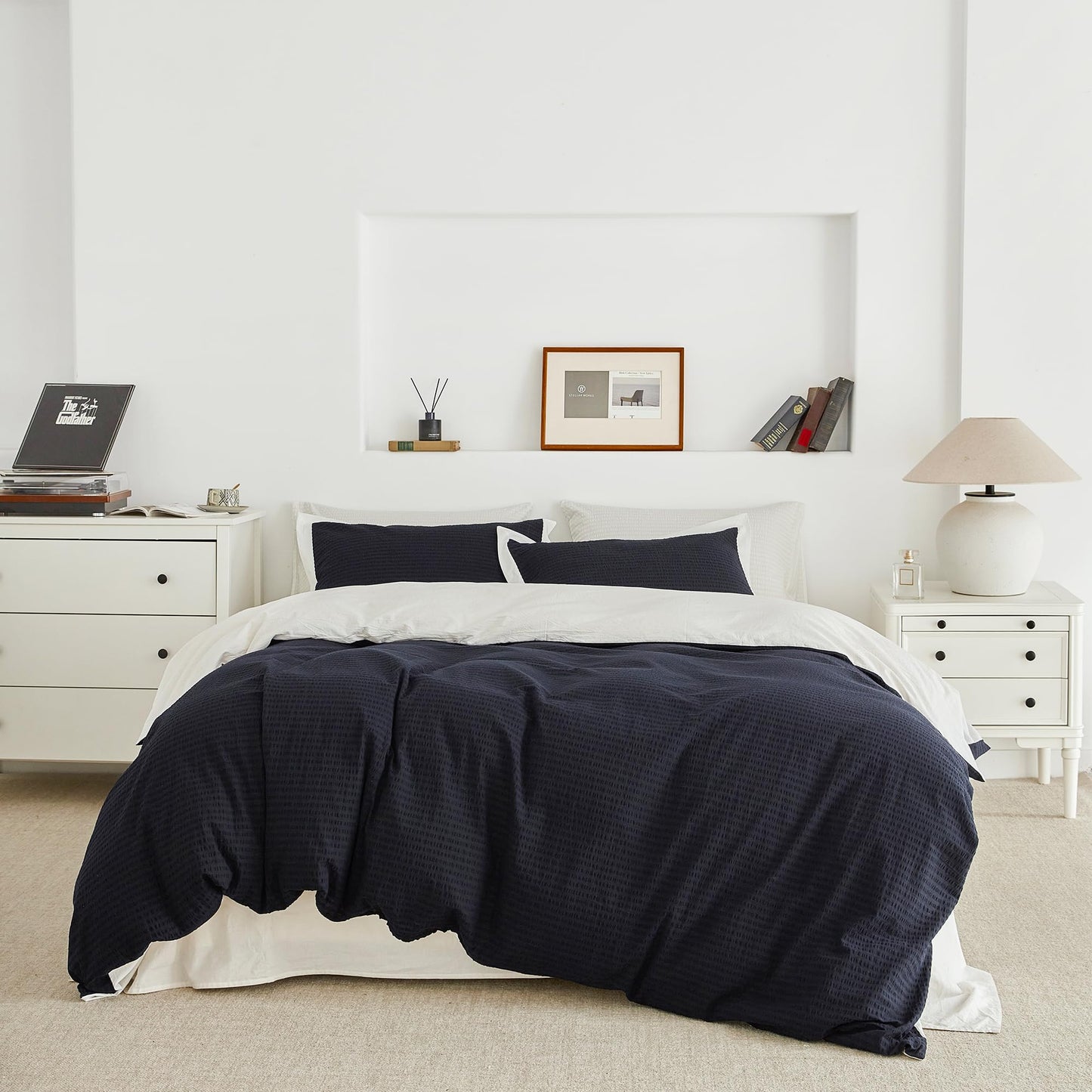 SUSYBAO Navy Seersucker Duvet Cover Queen 100% Cotton 3 Pcs Set 1 Navy Blue Textured Duvet Cover with Zipper Ties 2 Pillow Shams Washed Cotton Dark Blue White Dual Color Bedding Set Soft