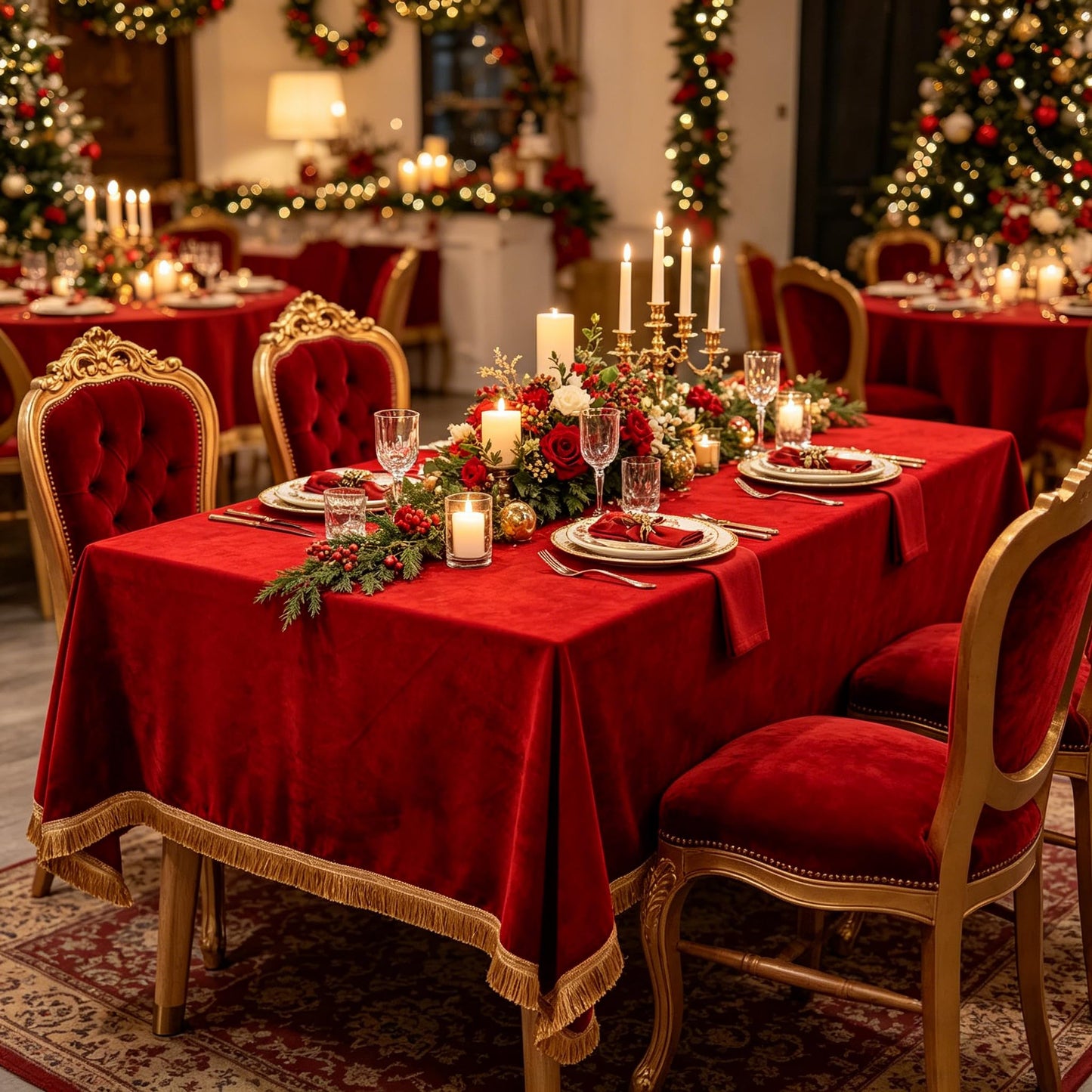 FAIRY KAARI Velvet Tablecloth Luxurious Red Rectangle Table Tablecloth Thickset with Luxurious Gold Tassels Table Cloth for Home Decor Christmas Wedding, Party, Banquet and Events 55X70inch