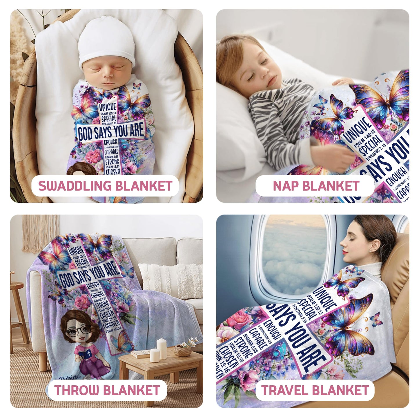 PREAUREUM God Says I Am Blanket, Personalized Christian Throw Blanket,Inspirational Jesus Throw Blankets,Confirmation Catholic Spiritual Blankets for Kids (Butterfly Cross)