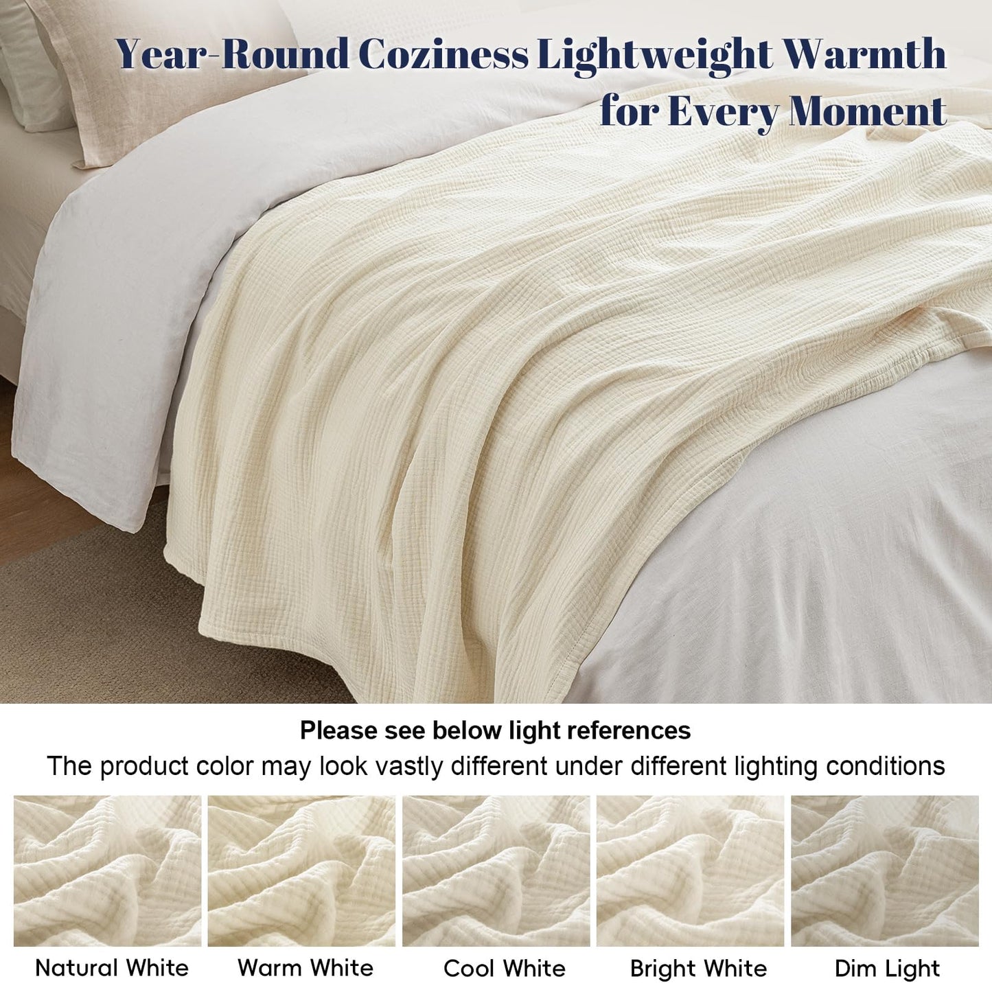 PHF 100% Cotton Muslin Throw Blanket 50" x 60", 4-Layer Lightweight Gauze Throw, Breathable Cloud-Soft Minimalist Blanket for Bed, Couch, Camping, Birch, Ideal Gift