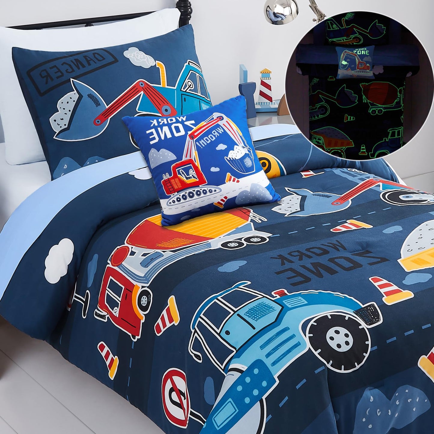 Kaleido Space Kids Comforter Set Twin Size for Boys, Glow in The Dark Truck Bedding Set 1 Comforter, 1 Decor Pillow, 1 Pillow Shams