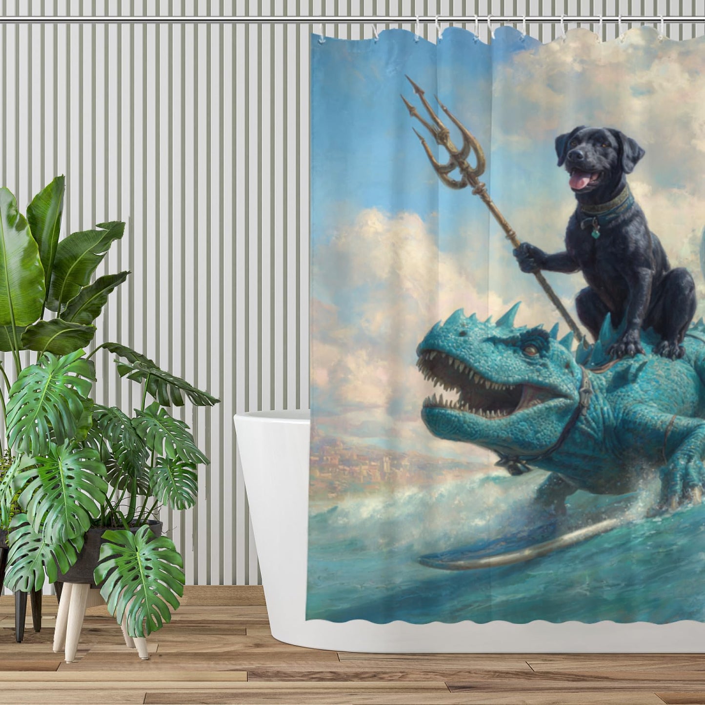 Wordatu Funny Black Labrador Dog Shower Curtain Cool Dog Dinosaur Ocean Wave Decor Fabric Bathroom Curtains, Kids Children Rustic 72x72 Inch
