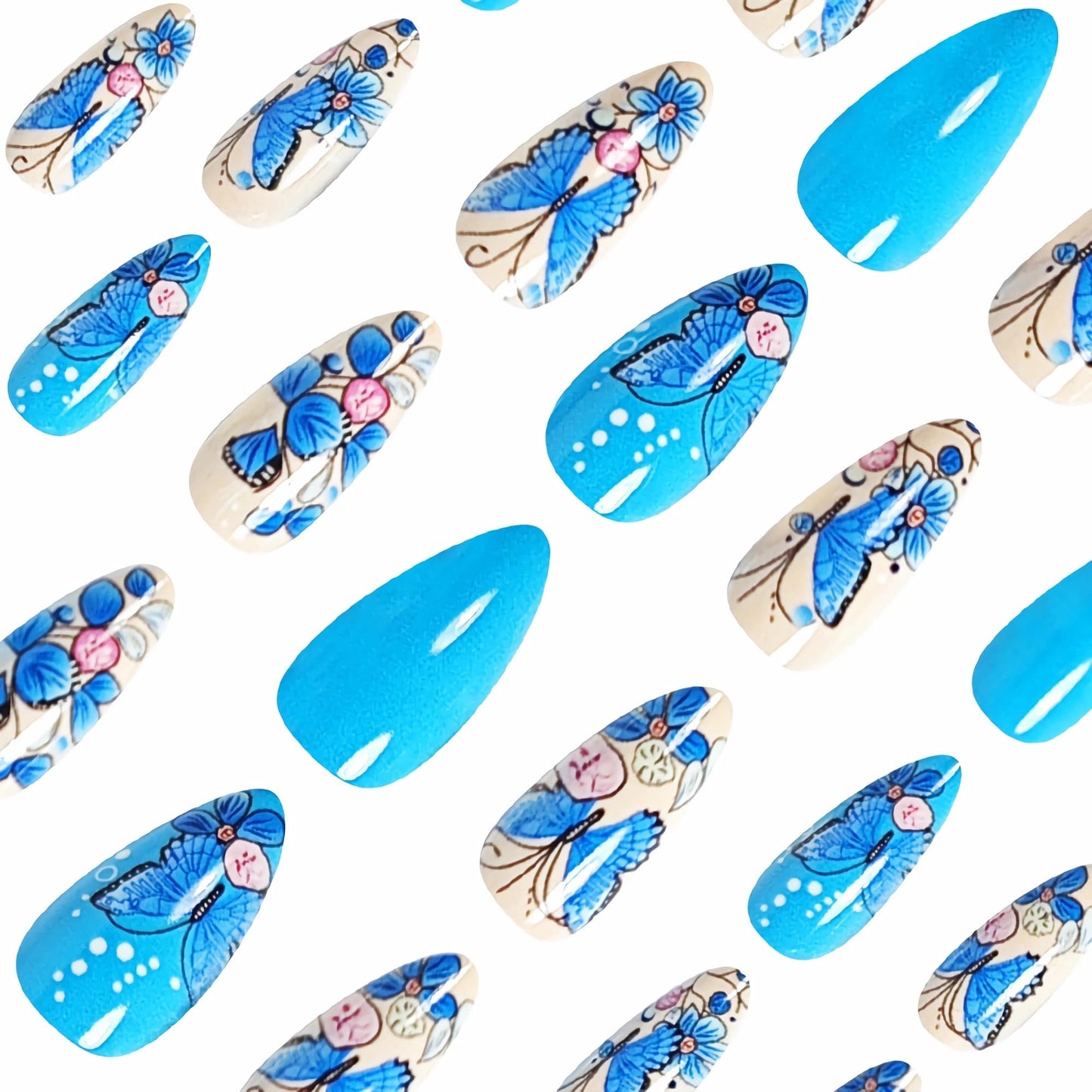 BABALAL Press on False Nails Medium Almond Fake Nails Blue Glue on Acrylic Nails Butterfly Summer 24Pcs Stiletto Full Cover Artificial for Women Girls