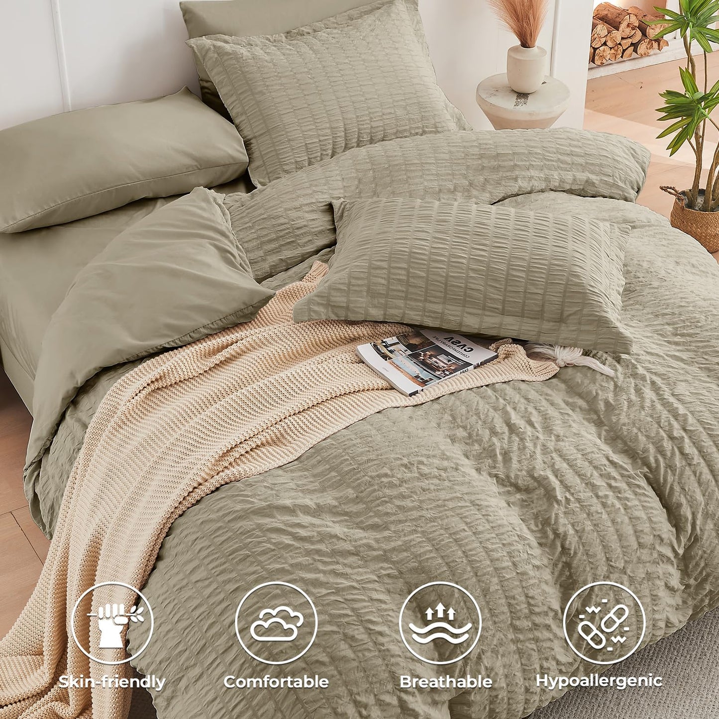 HYMOKEGE Linen Oversized Queen Comforter Set Seersucker 7 Pieces, All Season Luxury Bed in a Bag for Bedroom, Bedding Set with Comforter, Sheets, Pillowcases & Shams