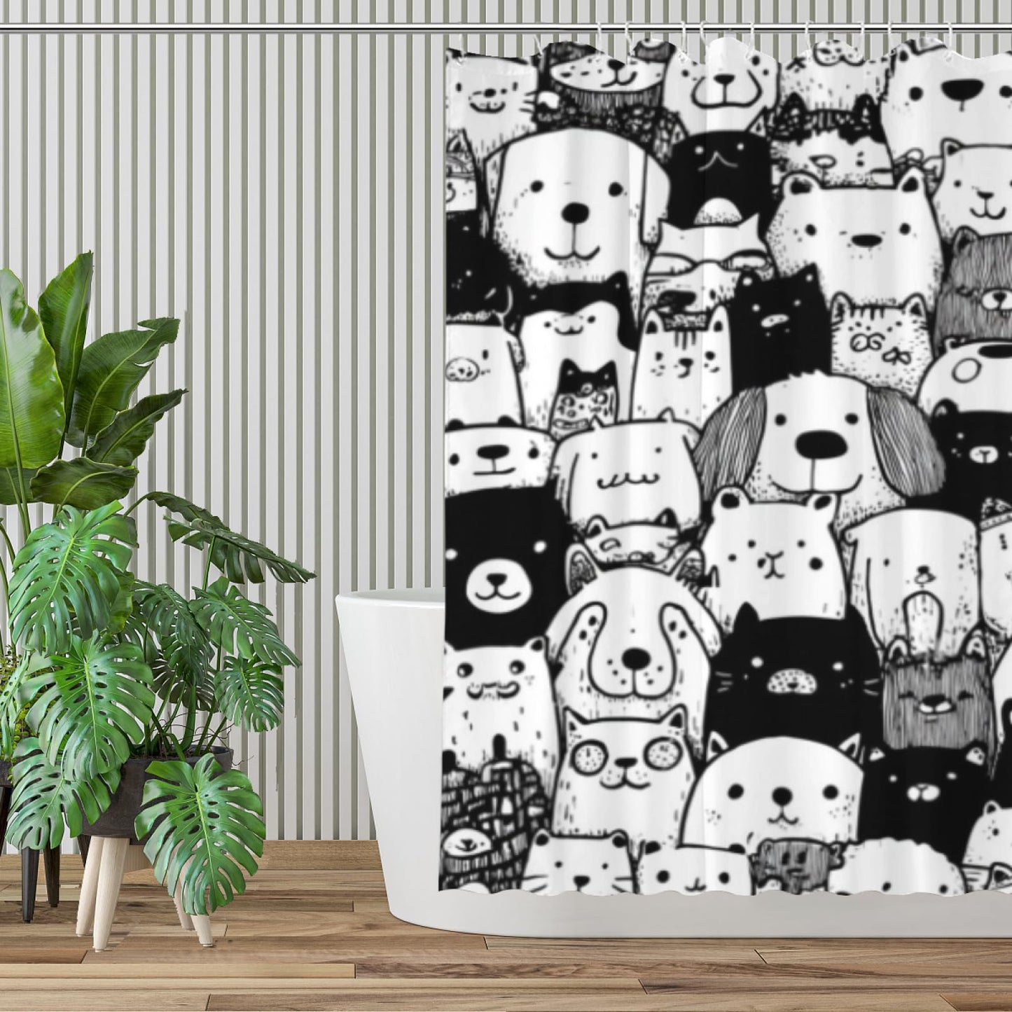 Wordatu Golden Retriever Pet Shower Curtain, Group of Dogs and Cats Animals Cloth Fabric Bathroom Decor Set 72X72 Inches, Black and White