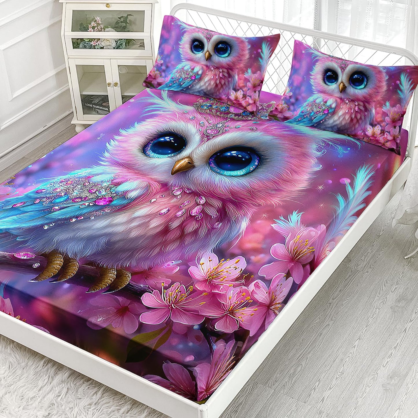 AILONEN Pink Kawaii Owl Fitted Sheet Set Twin XL Size for Girls,Beautiful Floral Bird Fairy Kids Soft Deep Pocket Sheet with 2 Pillowcases,3Pcs Soft Microfiber
