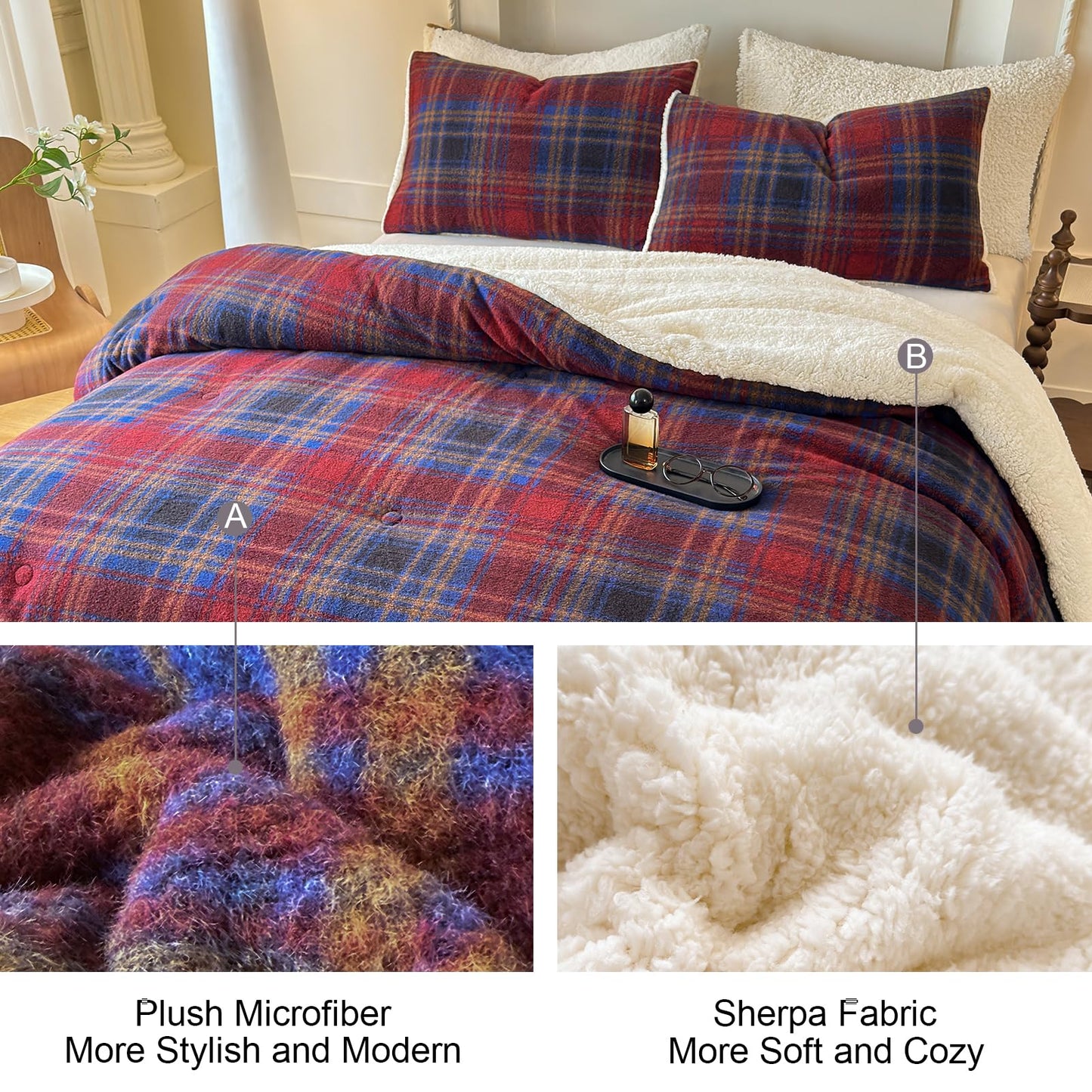 Cyusri Plaid Sherpa Comforter Set 2Pcs Fluffy Warm Fleece Down Alternative, Red Blue Grid Pattern Bedding Set with 1 Pillowcase, Twin Size 68"x90"