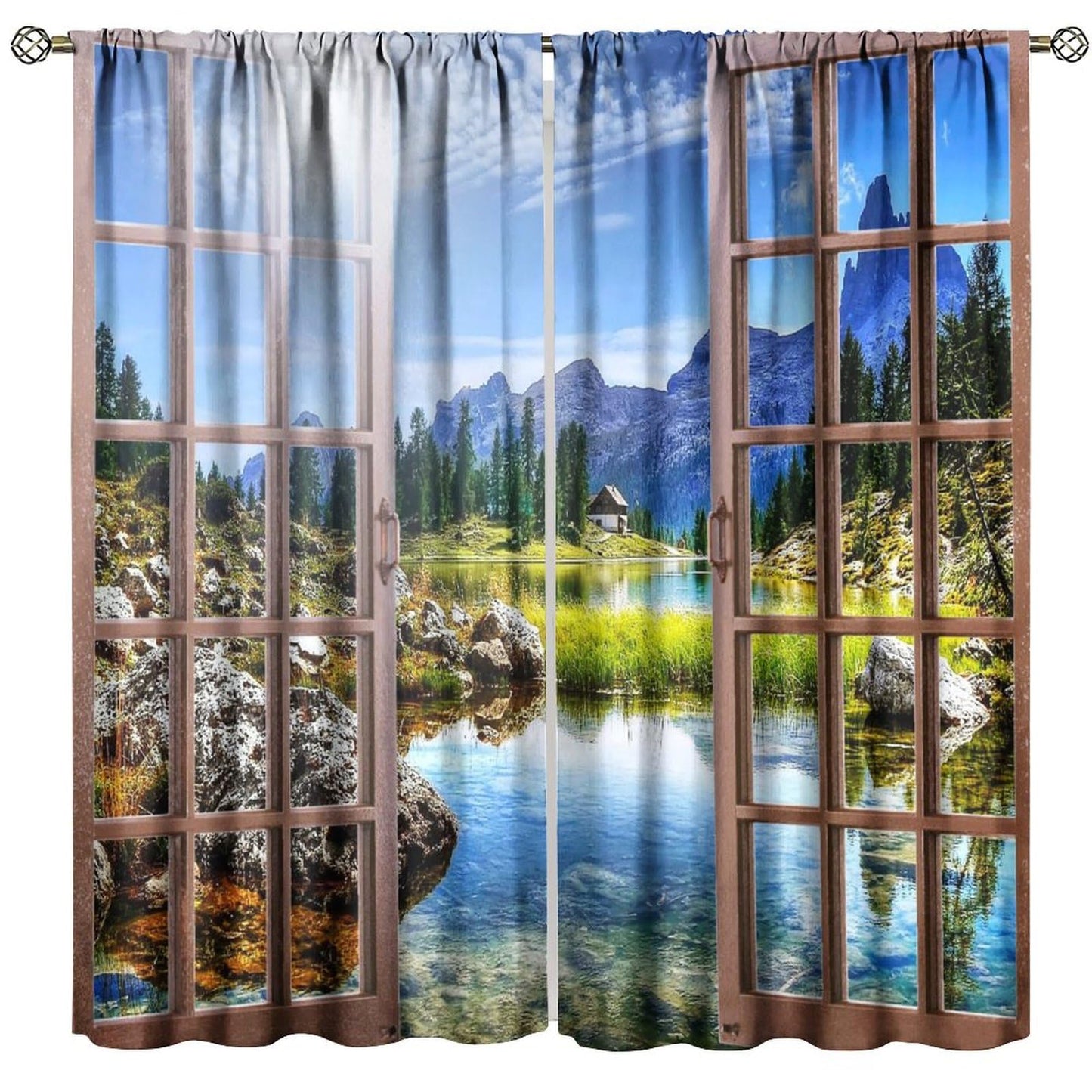 Forest Landscape Curtains,Wooden Window Nature Scenery Mountain Waterfalls Landscape Rustic Farmhouse Style Print Window Drapes For Bedroom Living Room Kitchen Decor,2 Panel Set,52x84 Inch Blackout