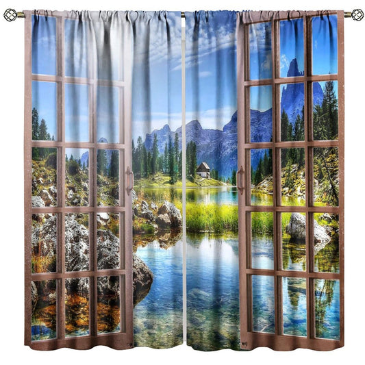 Forest Landscape Curtains,Wooden Window Nature Scenery Mountain Waterfalls Landscape Rustic Farmhouse Style Print Window Drapes For Bedroom Living Room Kitchen Decor,2 Panel Set,52x84 Inch Blackout