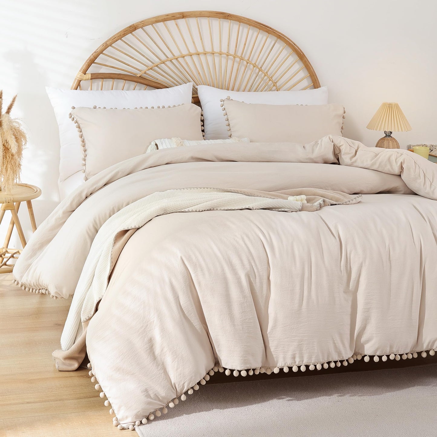 YIRDDEO Queen Comforter Set - Comforter Queen Size Sets with Ball Pom Fringe, Soft Bedding Set for All Seasons - 3 Pieces, 1 Comforter (90"x90") & 2 Pillow Shams (20"x26"), Beige