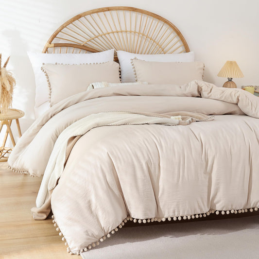 YIRDDEO Queen Comforter Set - Comforter Queen Size Sets with Ball Pom Fringe, Soft Bedding Set for All Seasons - 3 Pieces, 1 Comforter (90"x90") & 2 Pillow Shams (20"x26"), Beige