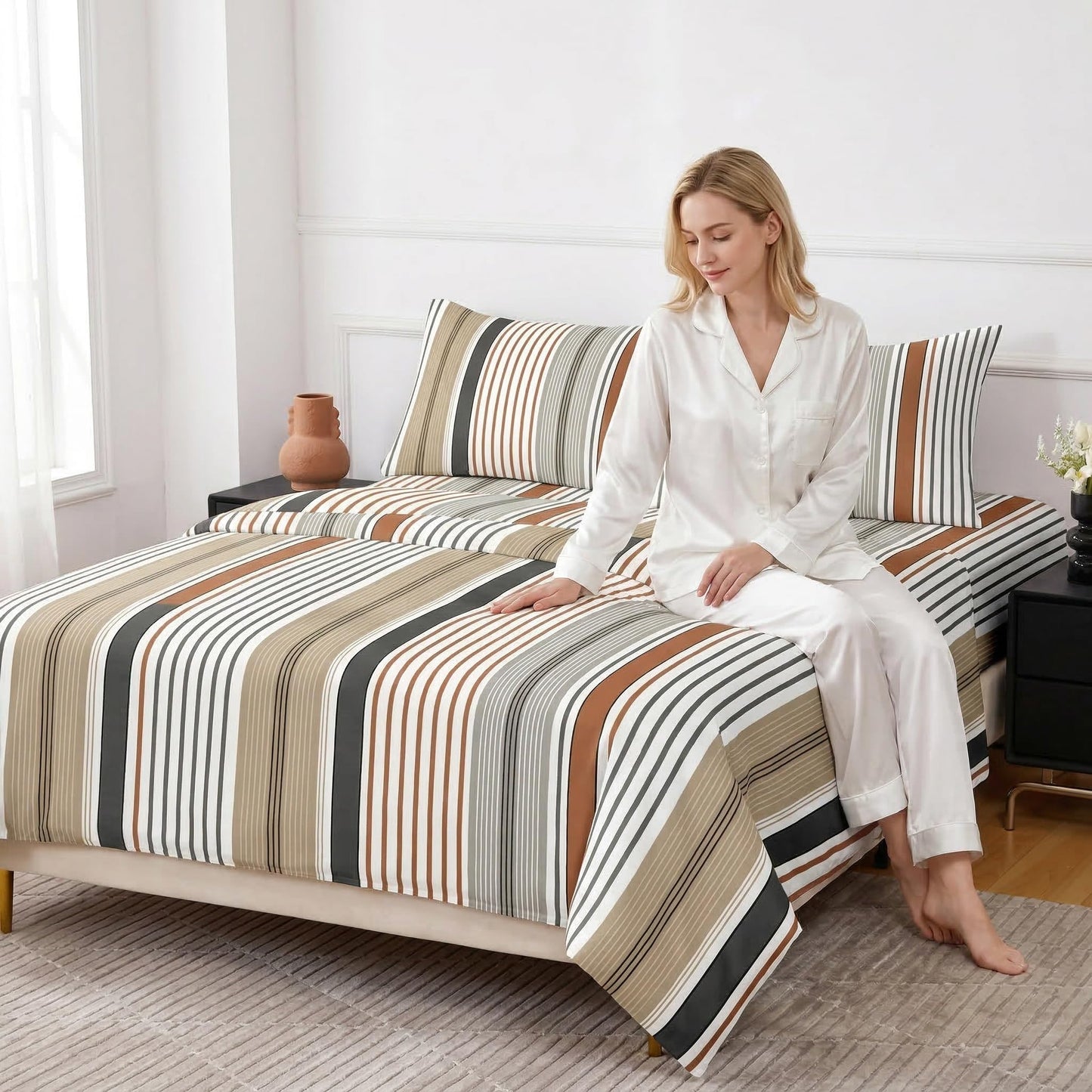 HCORA Striped Queen Sheet Set, Ultra Soft Double Brushed Microfiber Bed Sheets, Deep Pocket, Breathable, Wrinkle Resistant, Easy Care, 4PC, Queen Size