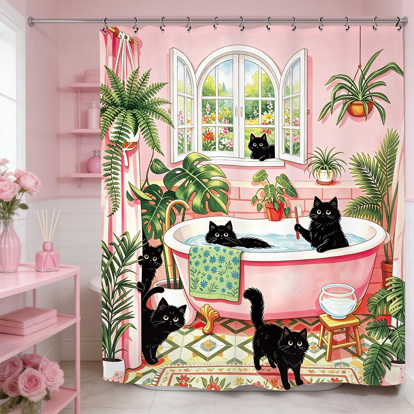 Kalmico Funny Black Cat Cute Shower Curtain 60Wx72L Inch Tropical Pink Green Lovely Kitten Botanical Bathroom Set Accessories Decor with 12 Pack Hooks