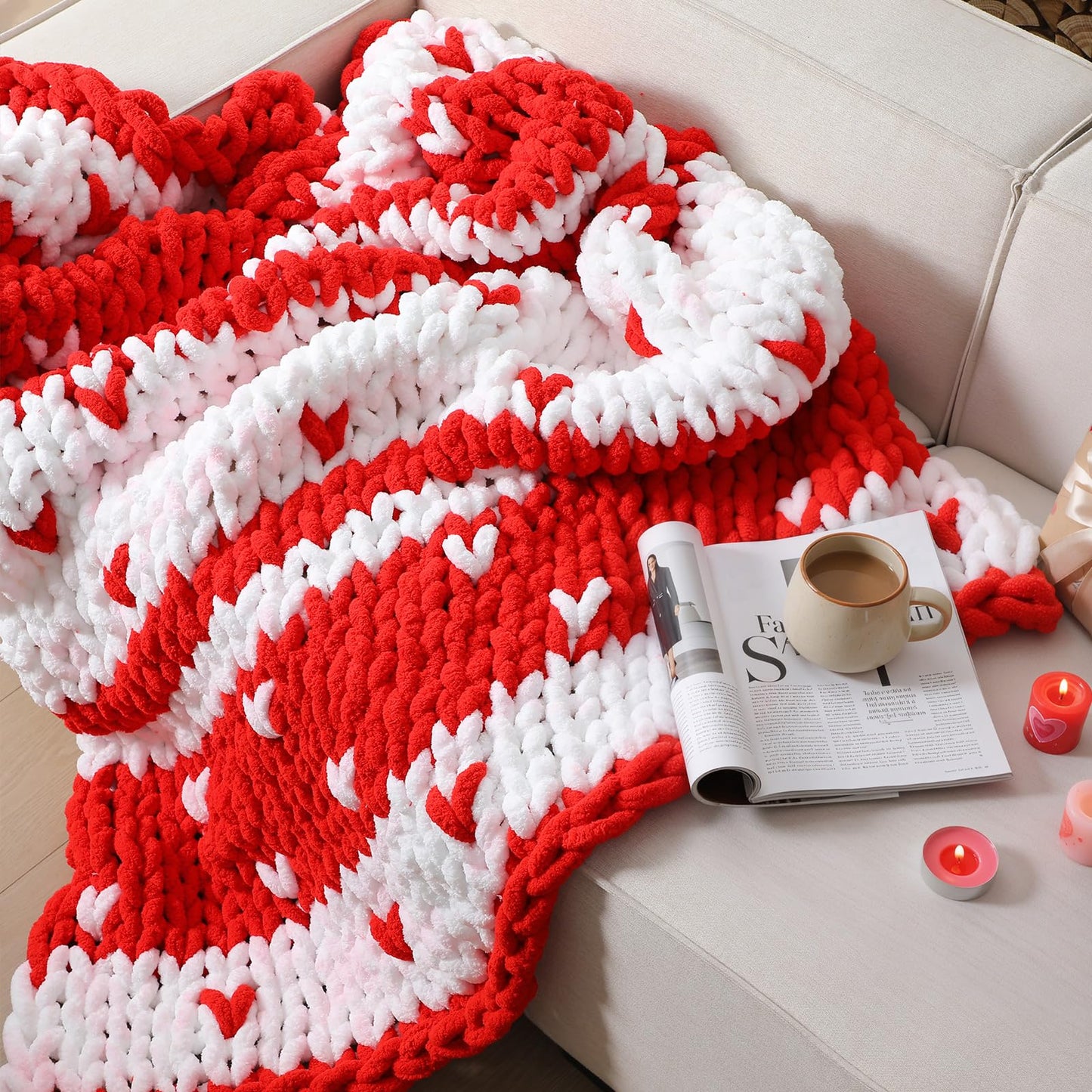 Mindsoft Chunky Knit Throw Blanket Large 50" X 60" Handmade Cream Chenille Loop Yarn Fluffy Soft Knitted Throw Big Cozy Thick Cable Knit Crochet Blanket for Couch Sofa Bed(Red,Heart)