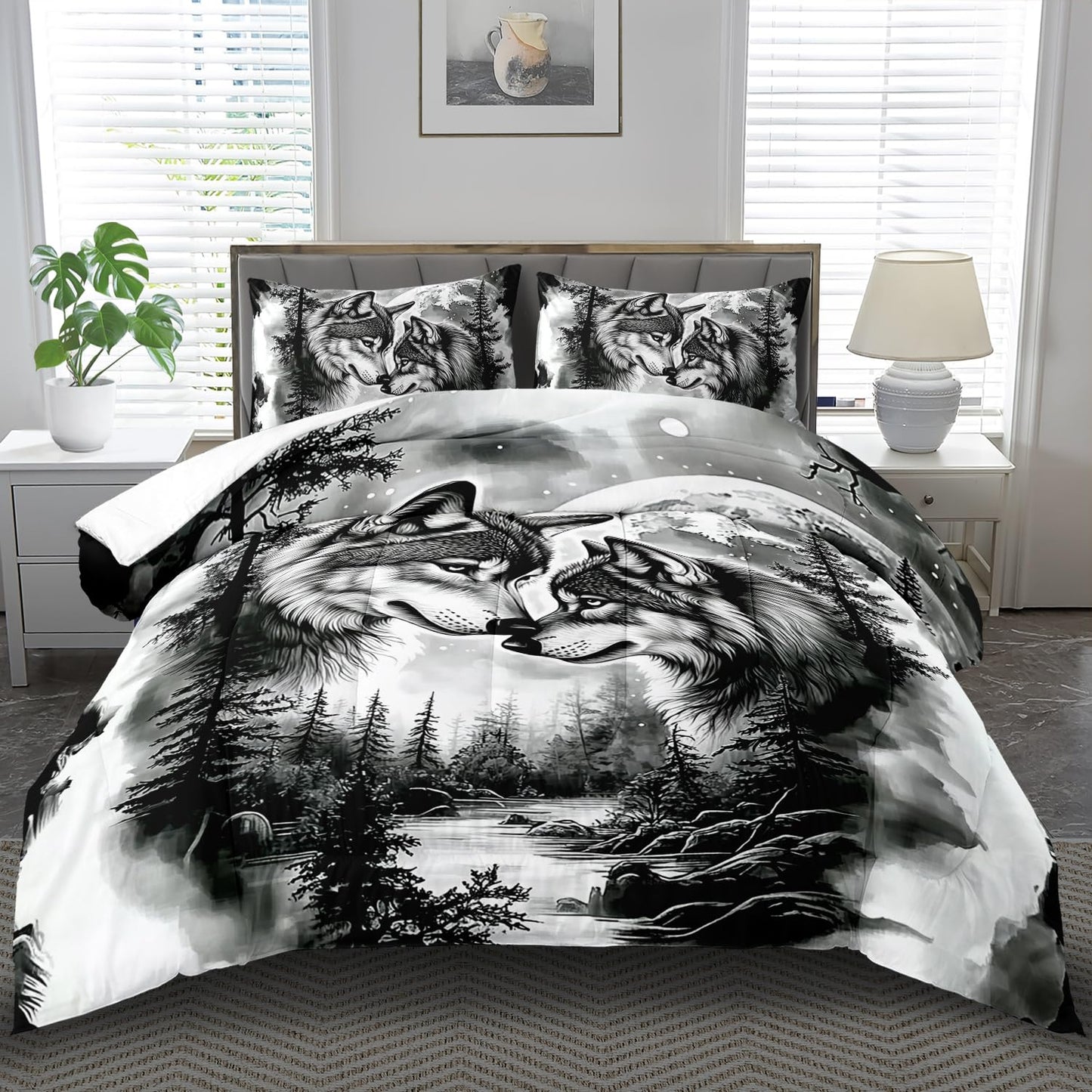 llyxsesty Wolf Comforter Set Queen for Boys Black and White Animal Bedding Set Girls Couple Wolf Comforter Queen Quilt Forest Room Decor Animal Home Decor Bedroom