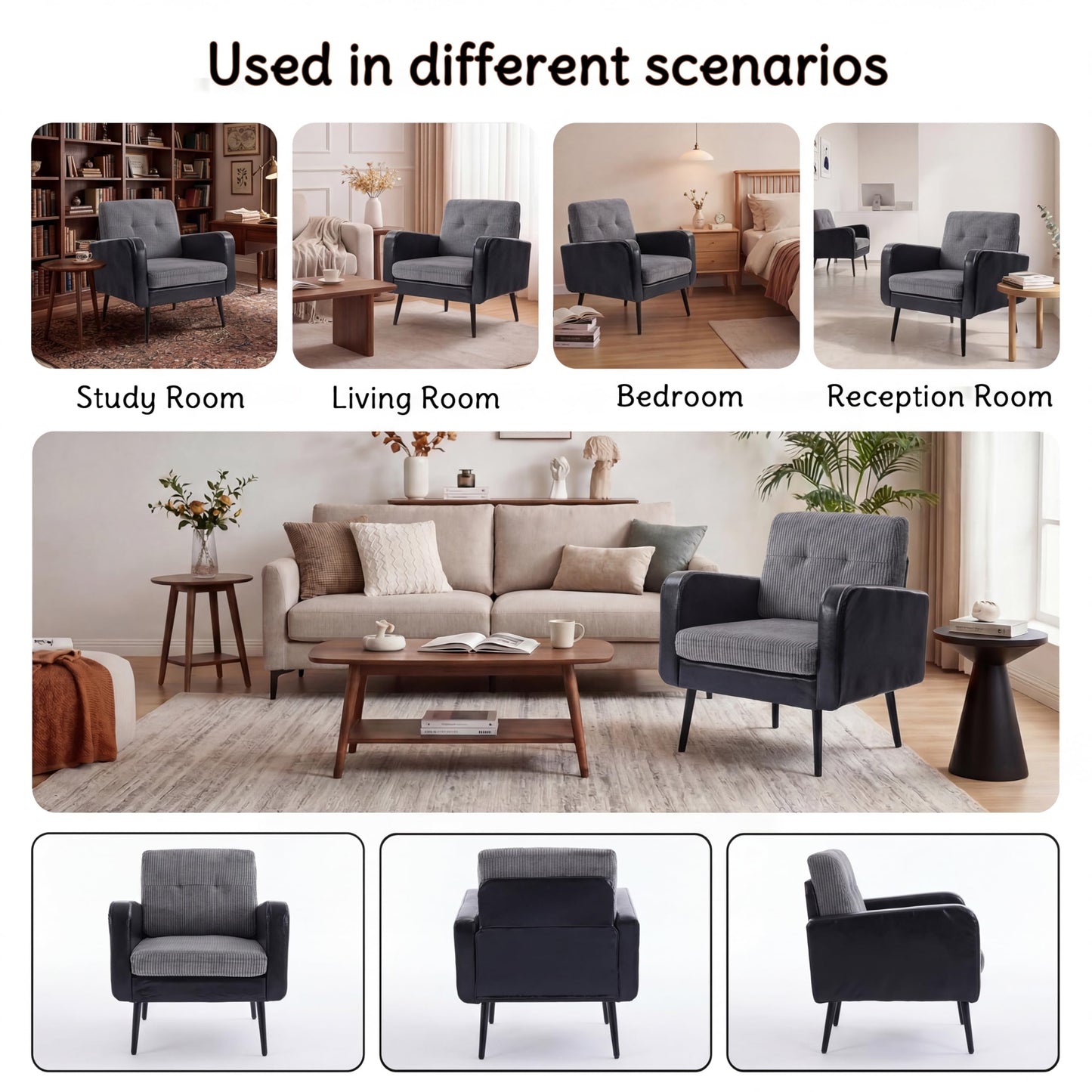 Accent Chair for Living Room armchair,Comfy Upholstered Modern armchair, Vintage Reading Chair, Versatile Sitting Chair with Metal Legs for Living Room Bedroom Office Waiting Room Study (Grey&Black)